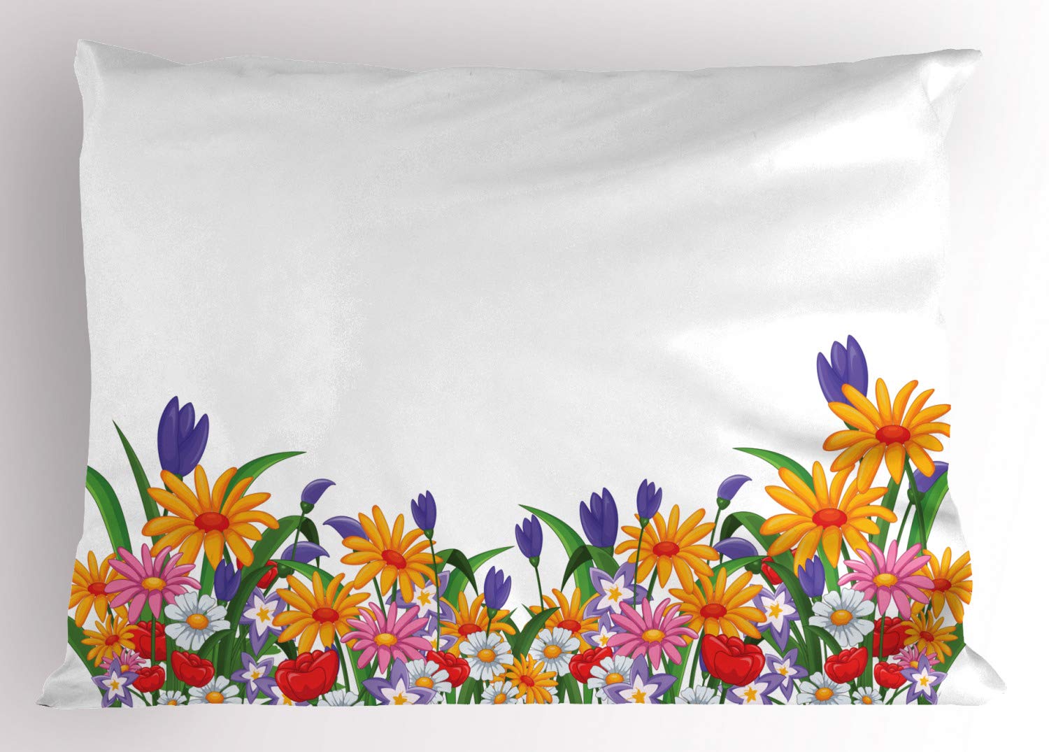 Ambesonne Floral Pillow Sham - Cartoon Style Garden Print with Daisies, Violets & Tulips - Decorative Standard Size 26x20 Inch Multicolor Pillowcase - Perfect for Bedroom Decor, Living Room Accent or Gift