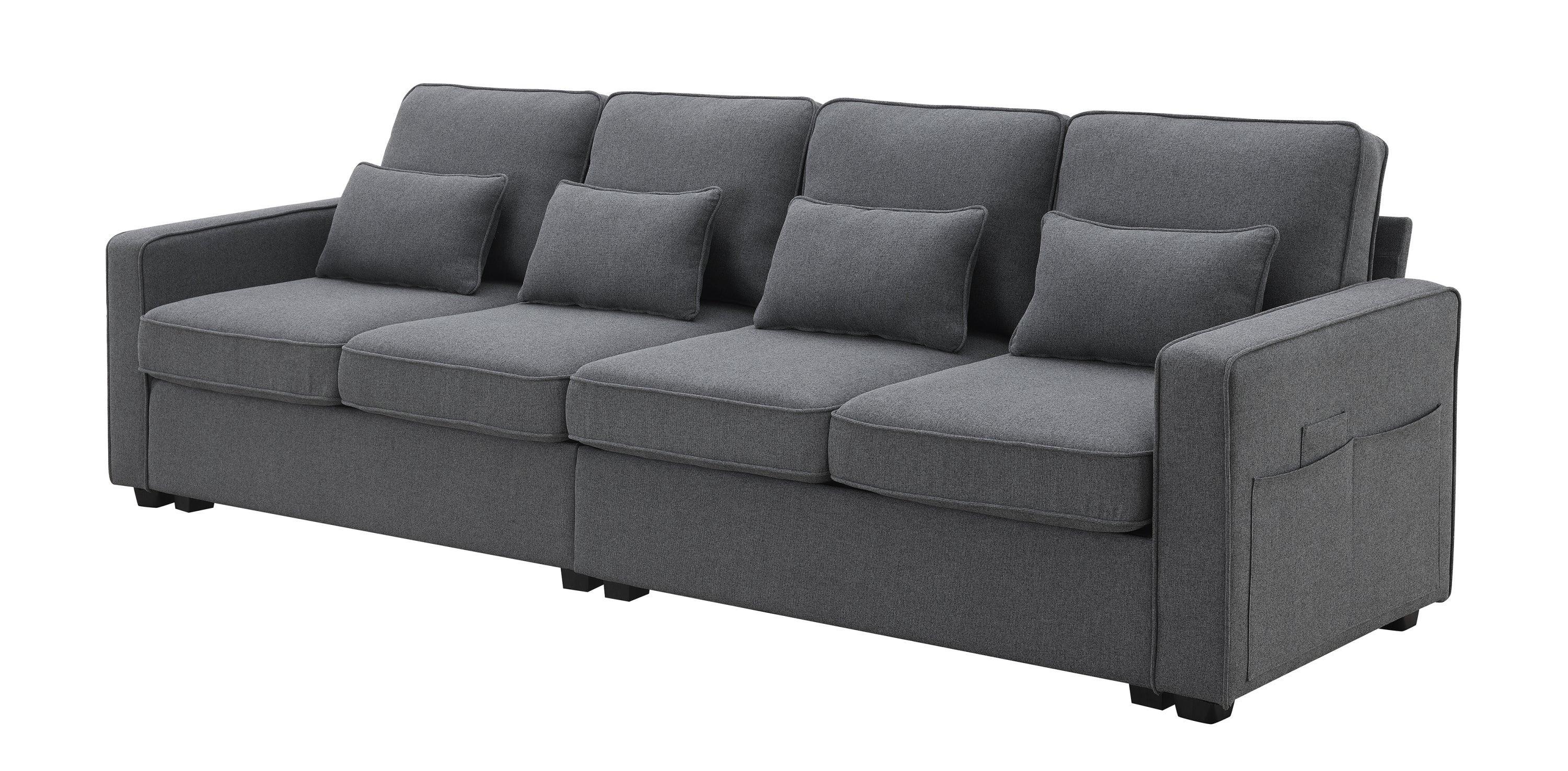 Modern 4-Seater Linen Fabric Sofa with Armrest Storage Pockets & 4 Throw Pillows - Minimalist Living Room Couch for Small Spaces, Apartments and Cozy Home Decor