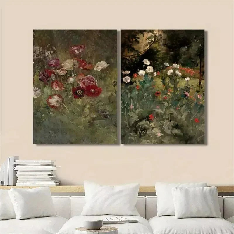 2-Piece Antique Flower Meadow Canvas Wall Art Set - 50x75cm Framed Floral Print Painting - High Quality 100% Australian Made - Ready to Hang - Perfect for Living Room, Bedroom & Office Decor