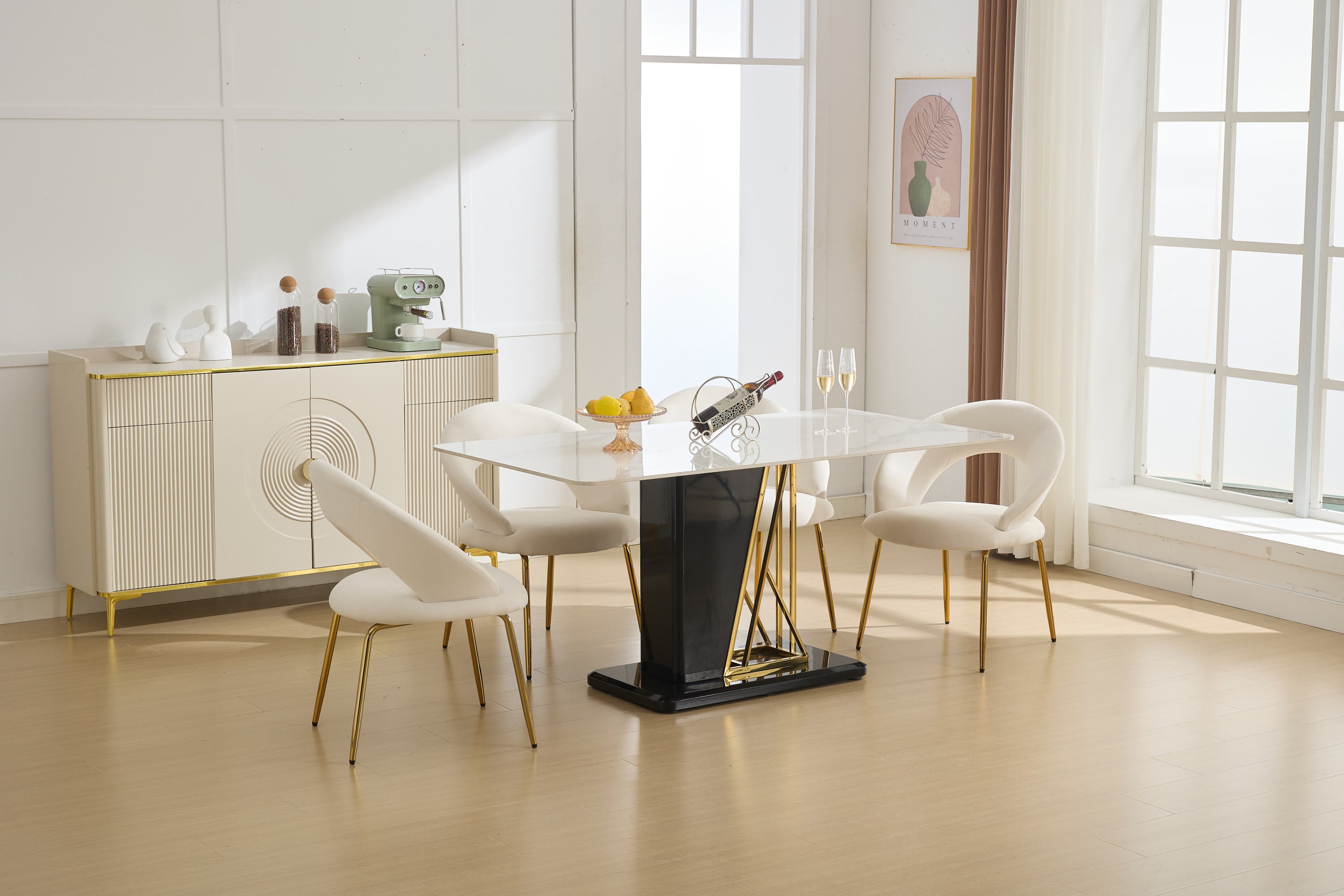 Velvet Dining Chairs Set of 1 - White Upholstered Kitchen Chairs with Curved Backrest & Gold Metal Legs for Dining Room, Restaurant or Home Decor