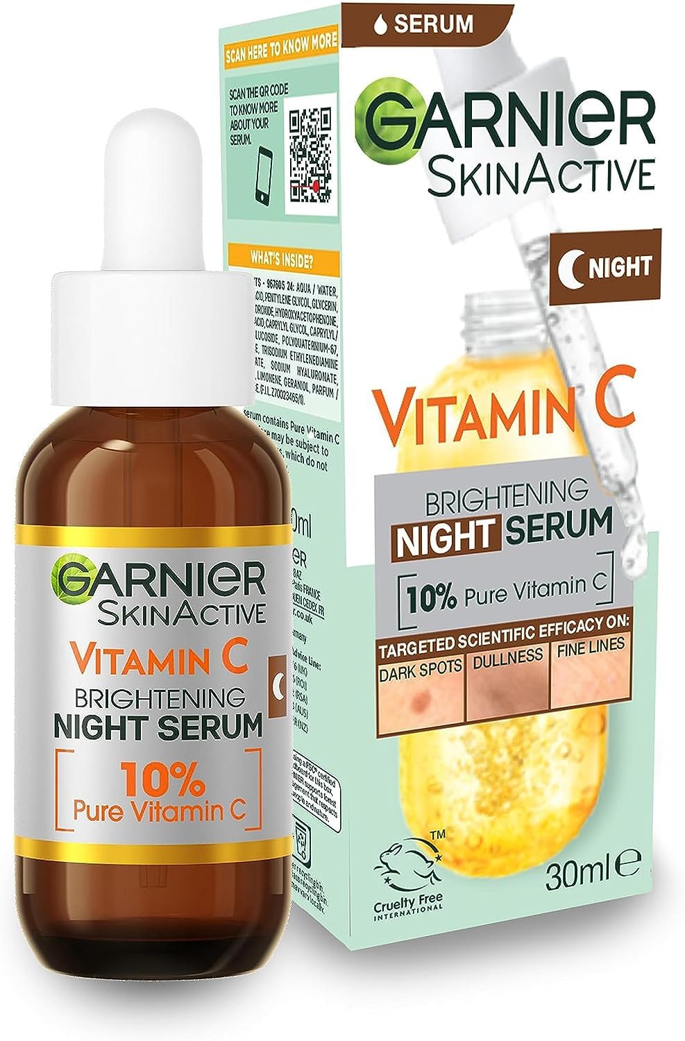 Garnier 10% Pure Vitamin C & Hyaluronic Acid Dark Spot Correcting Night Serum - Anti Pigmentation, Brightening Facial Treatment for All Skin Types - Cruelty Free & Vegan (30ml) - Perfect for Evening Skincare Routine & Hyperpigmentation Care