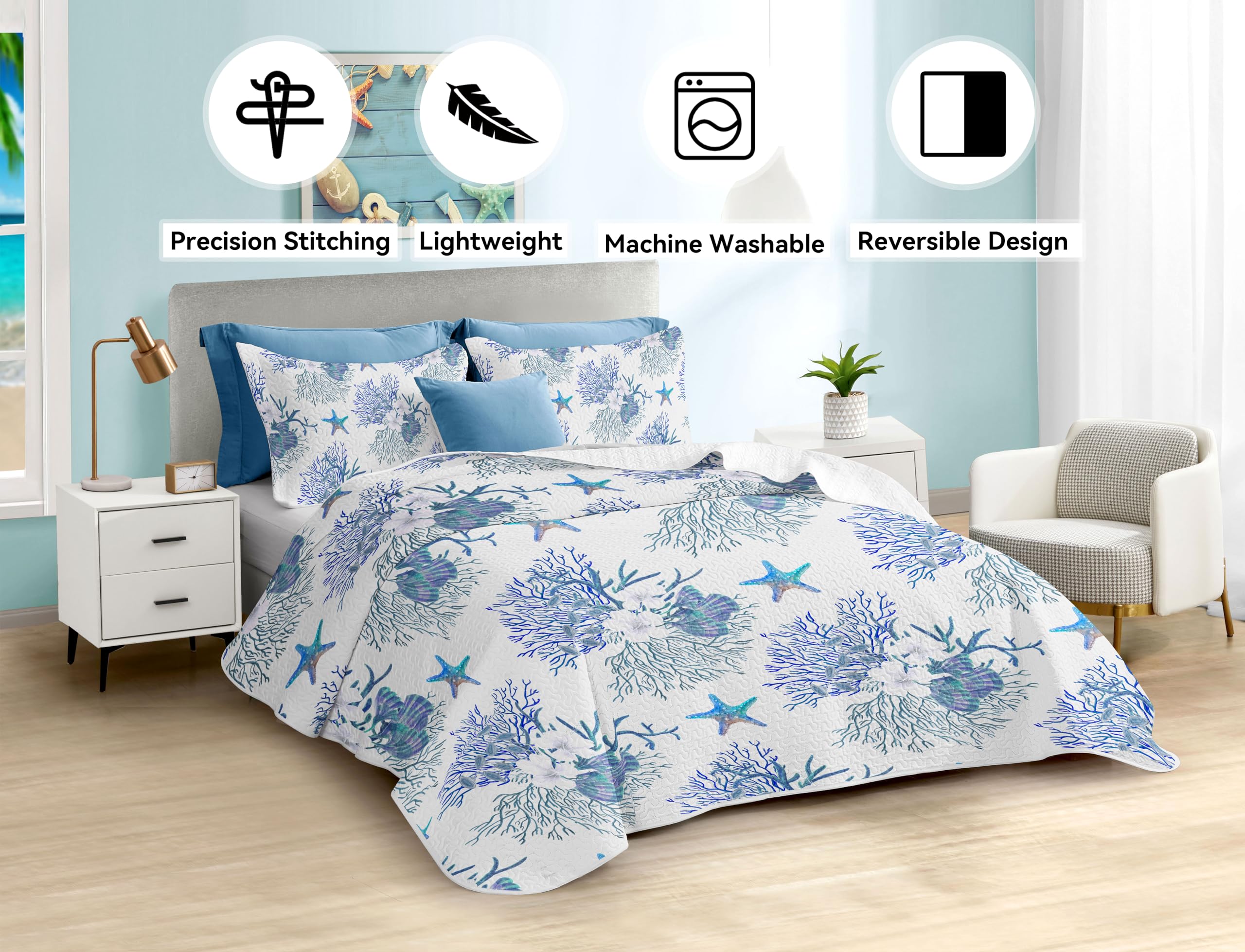 Coastal Queen Size Quilt Set with 2 Shams - Nautical Ocean Blue Starfish Bedspread & Summer Comforter 90''x96'' - Perfect for Beach House Decor, Guest Room Bedding & Coastal Themed Bedrooms