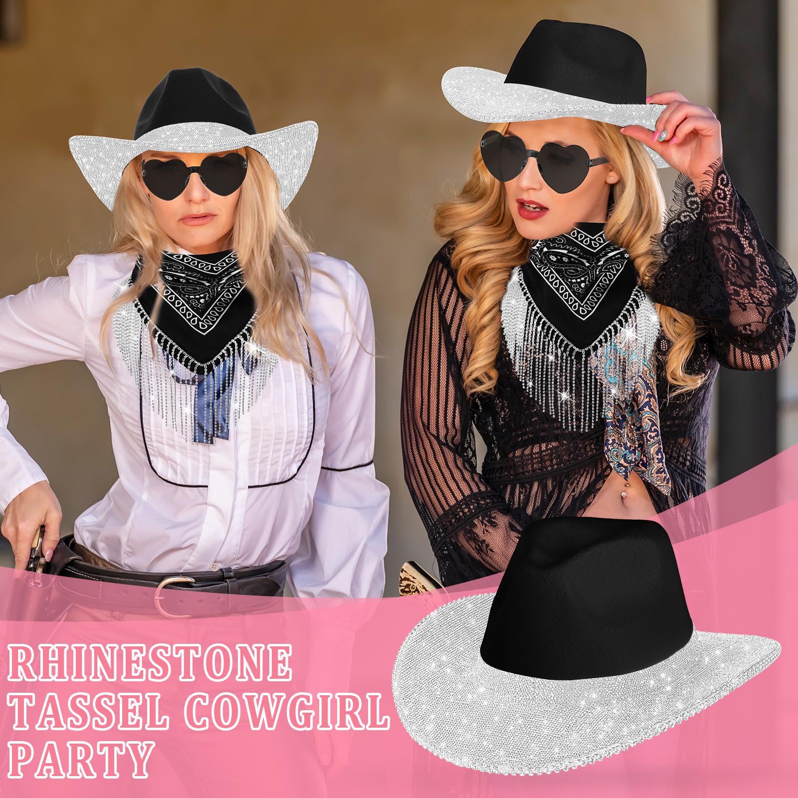 Sparkly Rhinestone Cowboy Hat with Glasses & Scarf - Western Bling Cowgirl Hat for Men & Women - Perfect for Rodeo, Country Music Festivals & Cowboy Cosplay