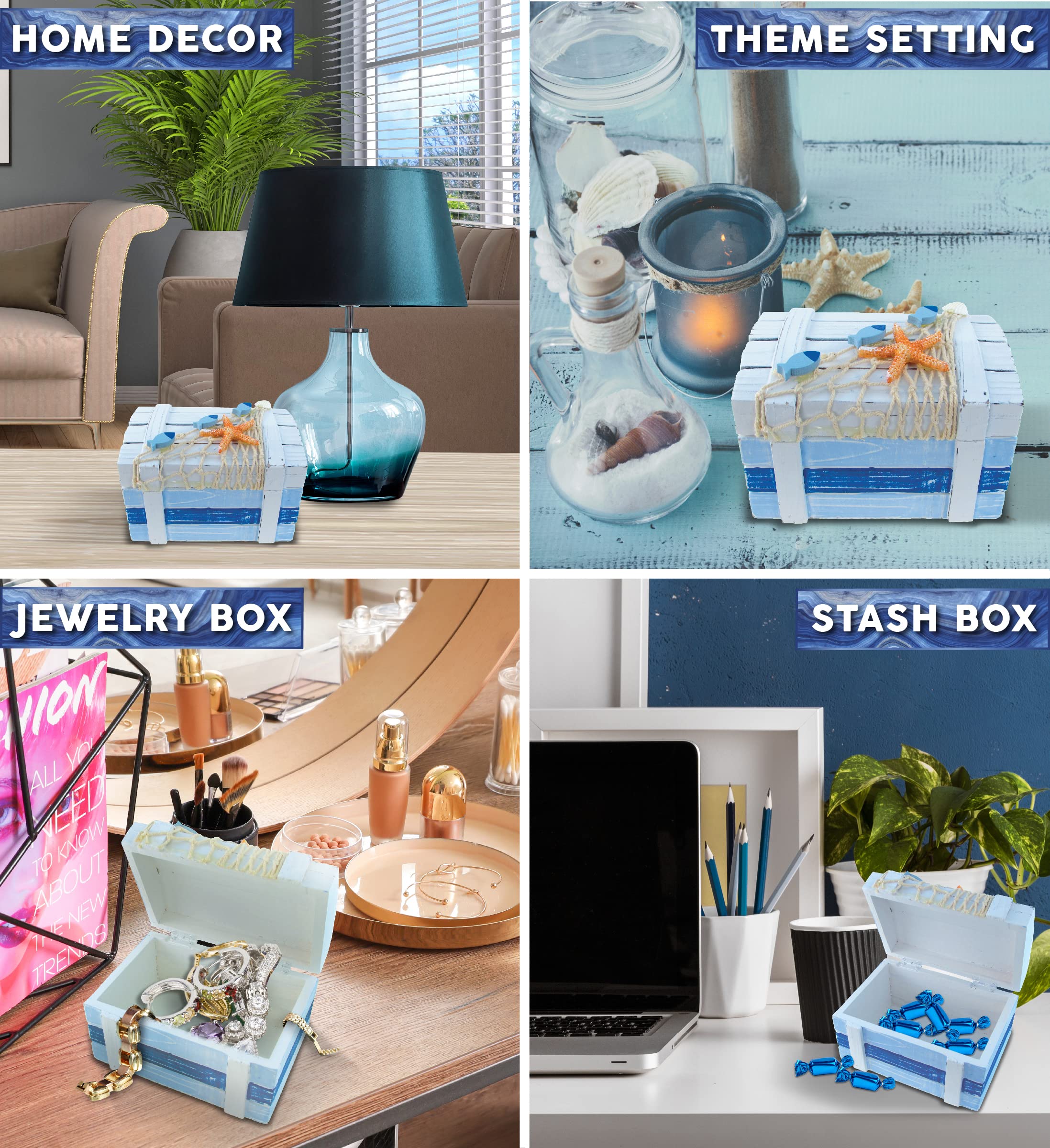 Handcrafted Nautical Wooden Jewelry Box with Light Blue Stripes, Starfish & Fishing Net Decor - 6 Inch Jewelry Storage Organizer & Tabletop Decor for Beach House, Bedroom, or Gift Giving
