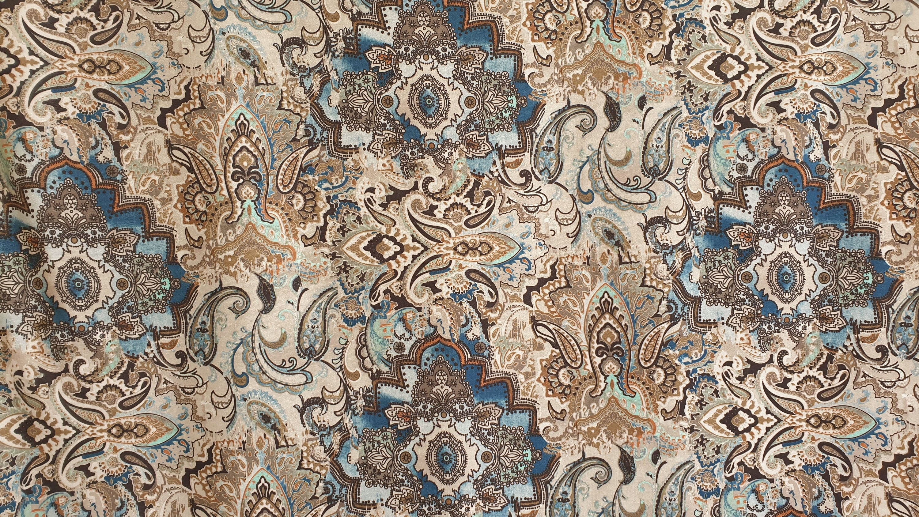 Beige & Blue Arabian Love Damask Print Velvet Curtain Panels - Luxurious Window Drapes for Living Room, Bedroom & Home Decor