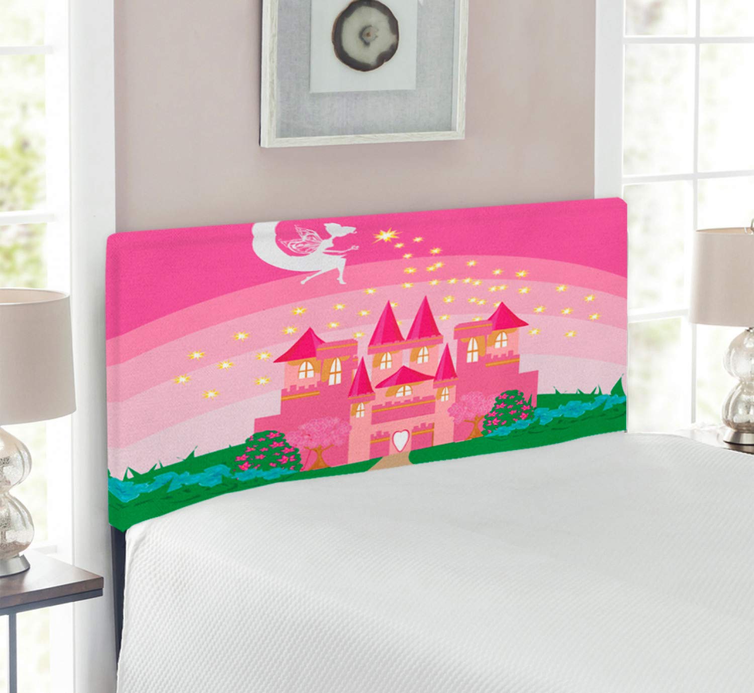 Ambesonne Magic Headboard - Twin Size Upholstered Decorative Metal Bed Headboard with Memory Foam | Fantasy Tale Pixie in Sky Fictional Dream Kingdom Design | Green & Pink Nature Illustration | Perfect for Kids' Bedrooms, Fantasy Themed Decor & Cozy Bedroom Makeovers