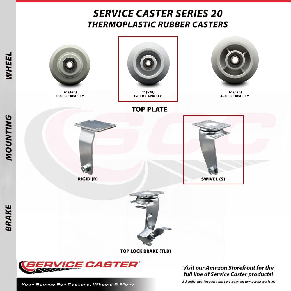5 Inch Swivel Top Plate Caster Set with 2 Inch Thermoplastic Rubber Donut Tread Wheels - 1800 lbs Capacity Roller Bearing Casters (Set of 4) by Service Caster - Perfect for Industrial Equipment, Workbenches, and Heavy-Duty Furniture