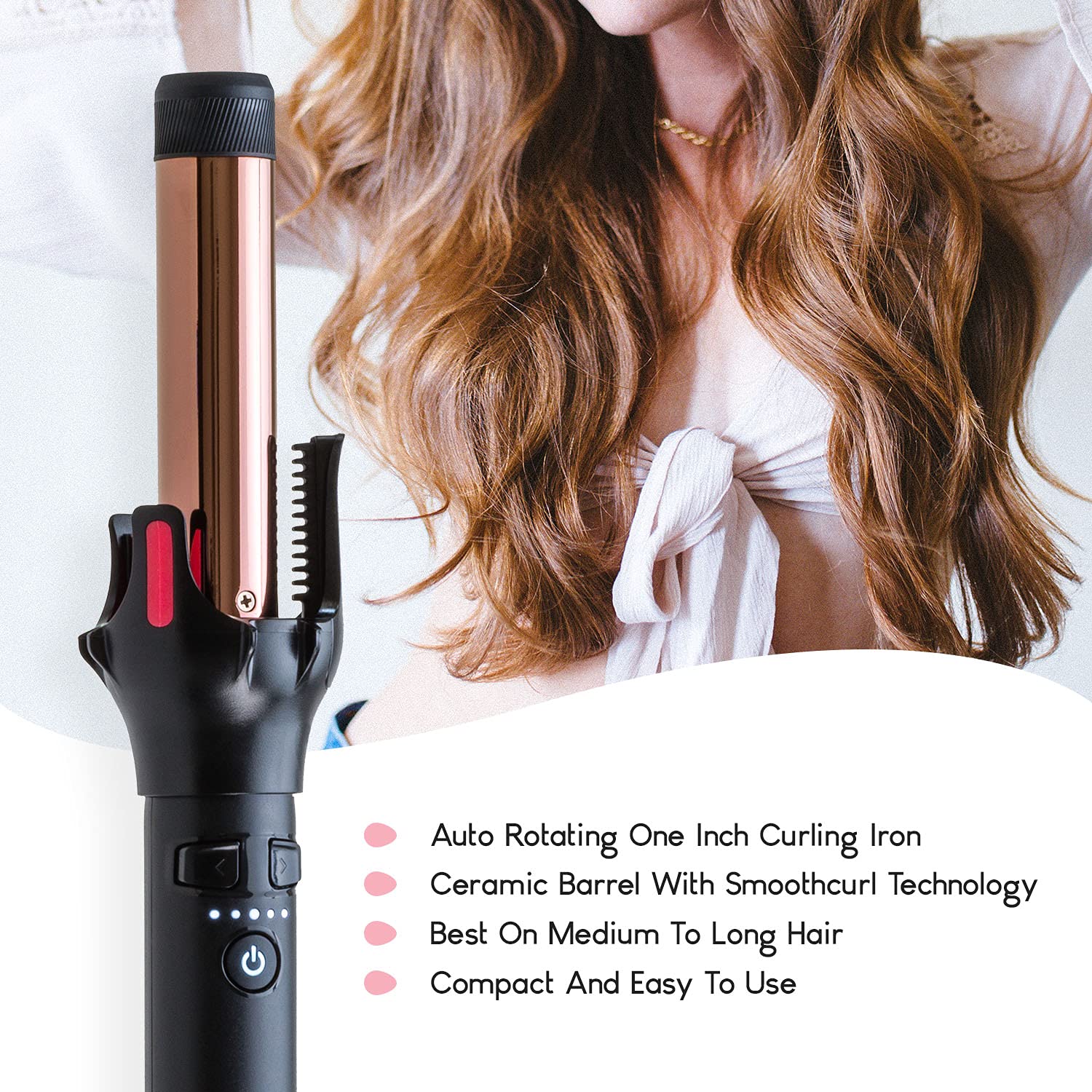 Farrah 1 Inch Automatic Hair Curling Iron Wand - Professional Ceramic Tourmaline Curler for Beach Waves & Loose Curls - Perfect for Home Styling, Salons & Travel