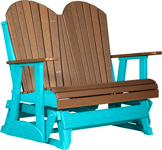 LuxCraft 4 ft. Antique Mahogany Recycled Plastic Adirondack Outdoor Glider Chair with Cup Holder - Perfect for Patio, Garden, Deck & Backyard Relaxation