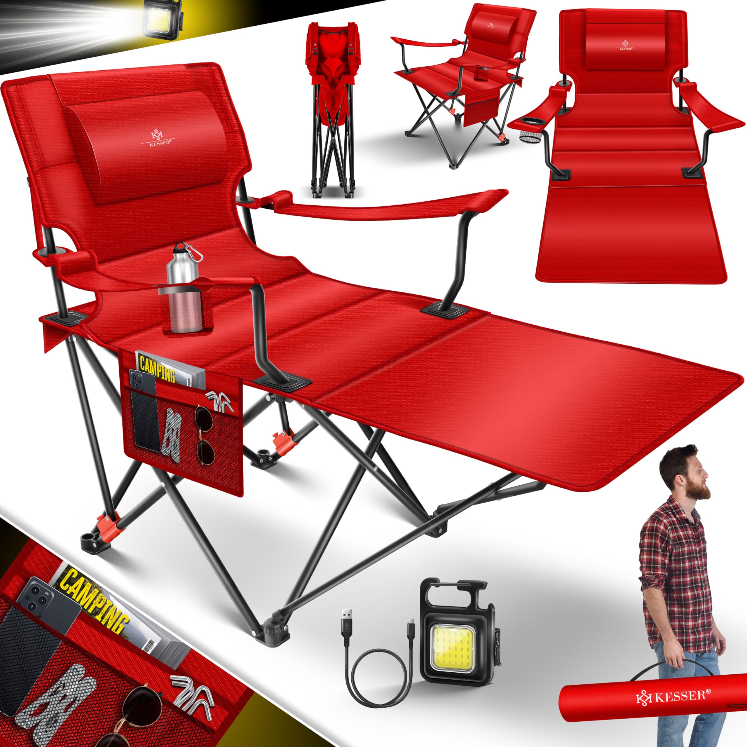KESSER® 2-in-1 Folding Camping Chair & Bed - Heavy Duty 350lbs Capacity, Extra Wide Portable Lounger with Adjustable Backrest, Drink Holder & Storage Bag | Perfect for Camping, Beach, Fishing, Backyard Relaxing & Outdoor Adventures