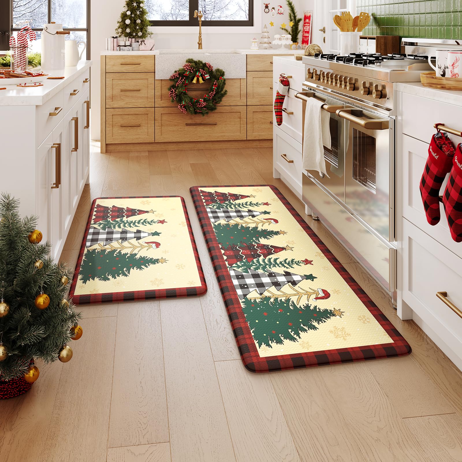 KIMODE Christmas Tree Kitchen Rugs - 2-Piece Anti-Fatigue Memory Foam Floor Mats for Kitchen, Office & Laundry - Non-Slip Standing Desk Mats (17