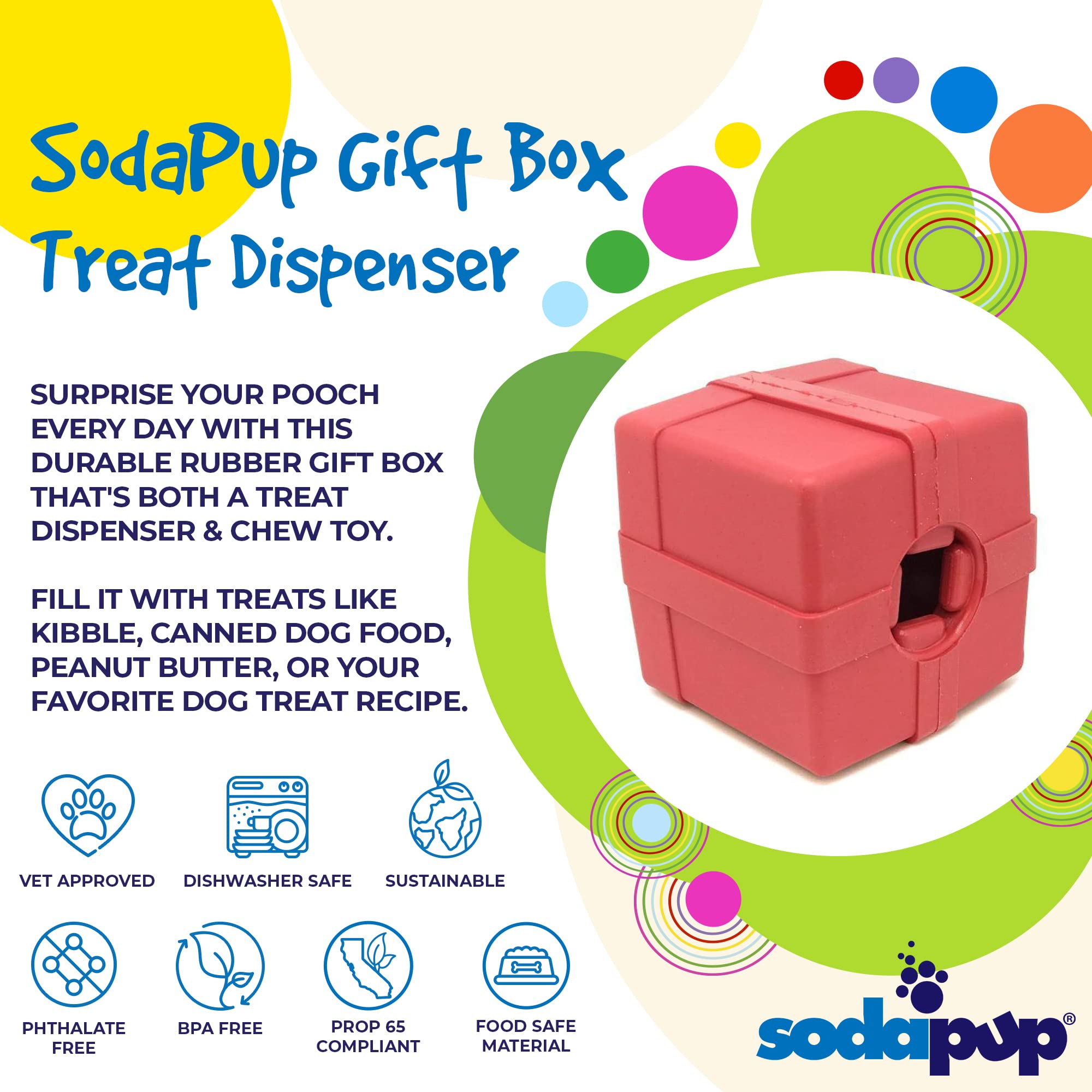 SodaPup Gift Box – Durable Dog Treat Dispenser & Chew Toy | Non-Toxic Natural Rubber | Made in USA | Mental Stimulation & Anxiety Relief for Dogs | Perfect for Training, Playtime & Travel