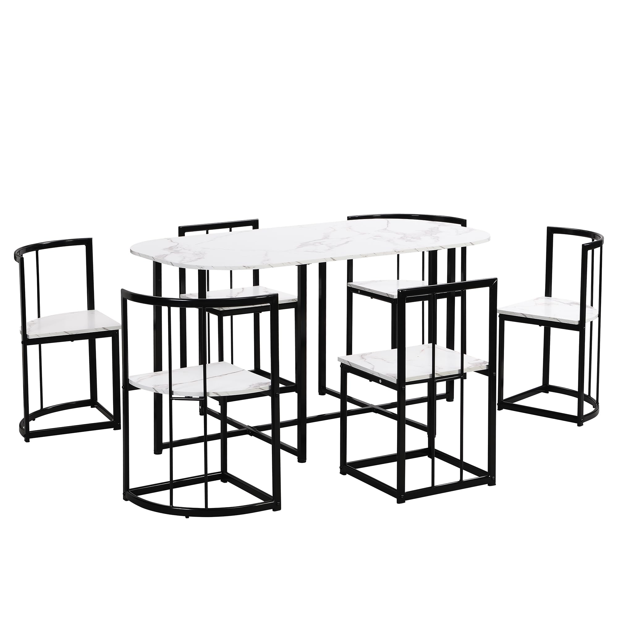 Modern 7-Piece Dining Table Set with Faux Marble Top - LZ LEISURE ZONE Compact Kitchen Table & 6 Chairs in Black & White - Perfect for Small Spaces, Apartments, and Contemporary Dining Rooms