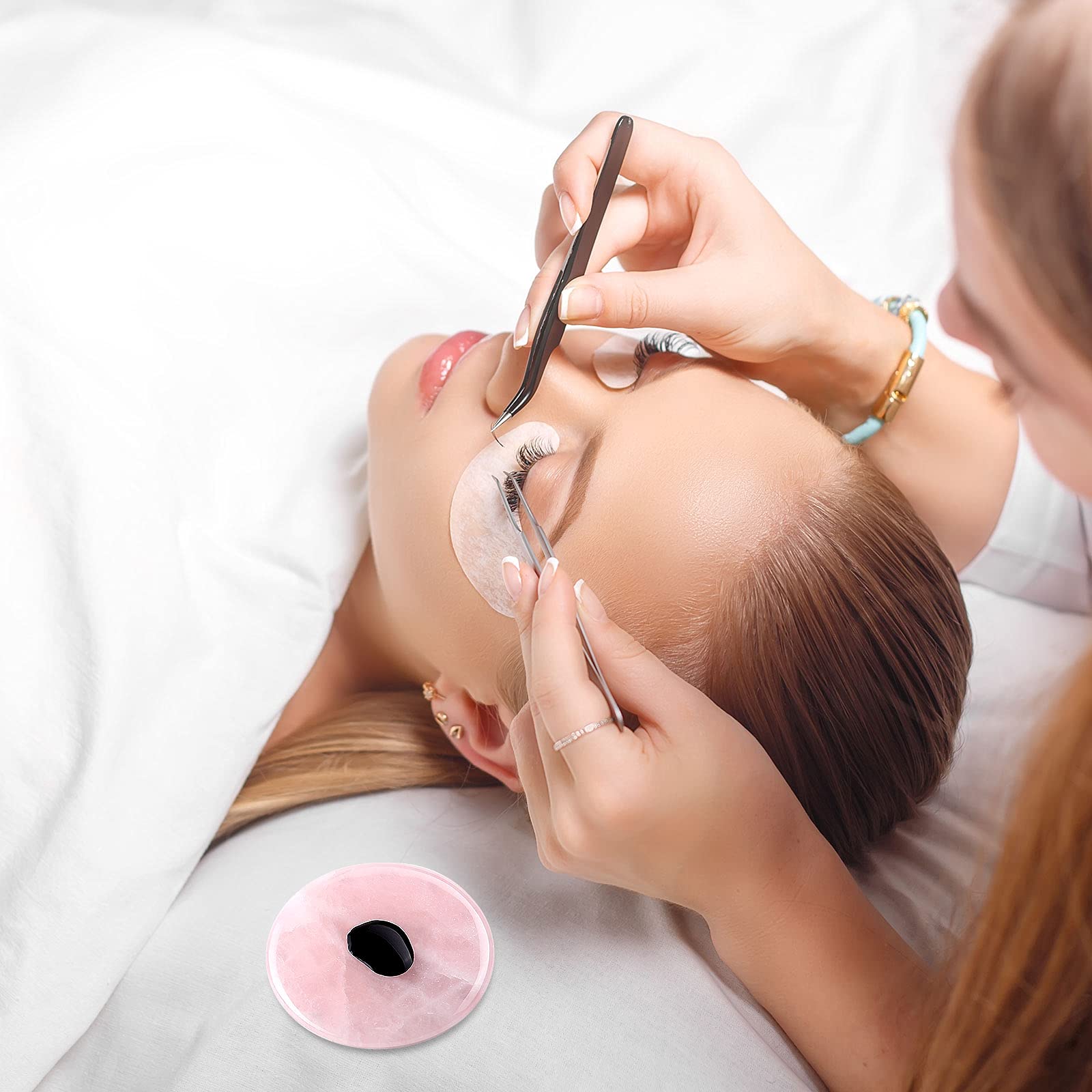 Bememo 2-Piece Pink Jade Stone Eyelash Extension Glue Holder - 2 Inch Round Adhesive Pallet for Lash Glue & Fake Eyelash Application - Perfect for Professional Salons & DIY Home Use