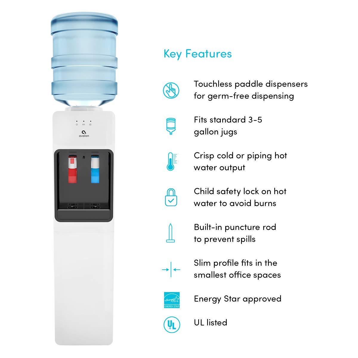 Avalon Top Loading Water Cooler Dispenser with Hot & Cold Water - Child Safety Lock, Slim Space-Saving Design for Home & Office - Compatible with 3 & 5 Gallon Bottles - UL Certified - Perfect for Kitchens, Break Rooms and Dormitories