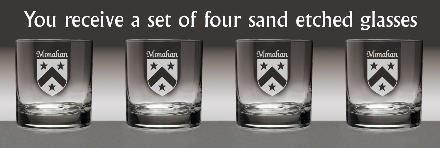 Monahan Irish Coat of Arms Tumbler Glasses Set of 4 - Sand Etched Whiskey Glasses for Irish Pub, Home Bar & Gifts - Perfect for St. Patrick's Day, Celtic Weddings & Irish-Themed Parties