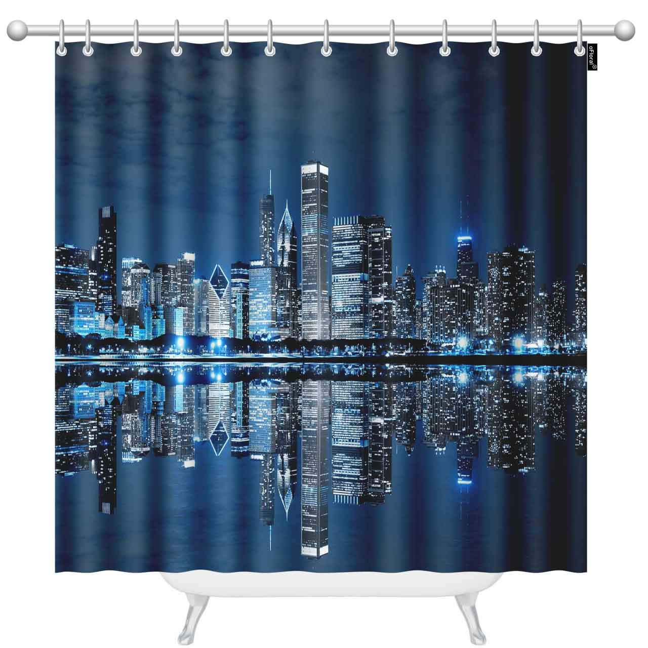 oFloral Downtown Night Shower Curtain Set - Cityscape Skyline Luxury Bathroom Decor for Modern Homes