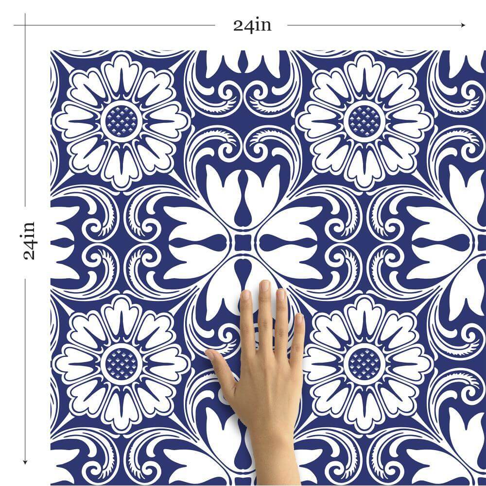 Blue Floral Tile Adhesive Peel and Stick Removable Wallpaper 5717 - Self-Adhesive Wall Decor for Kitchen Backsplash, Bathroom, Nursery & Home Renovation