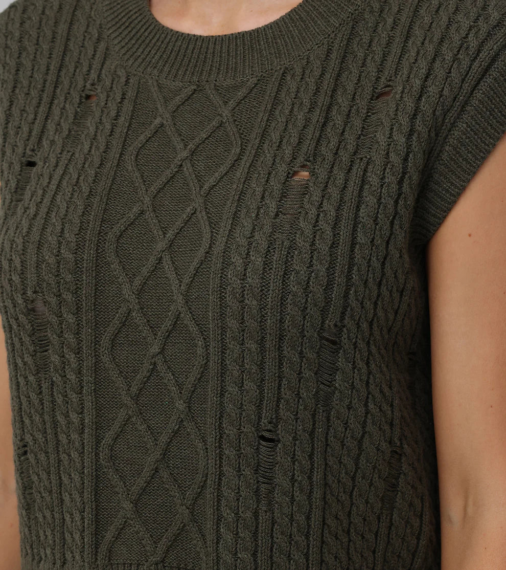 Distressed Cable Knit Sweater Vest for Men - Military Olive Green, Casual Winter Layering & Outdoor Fashion