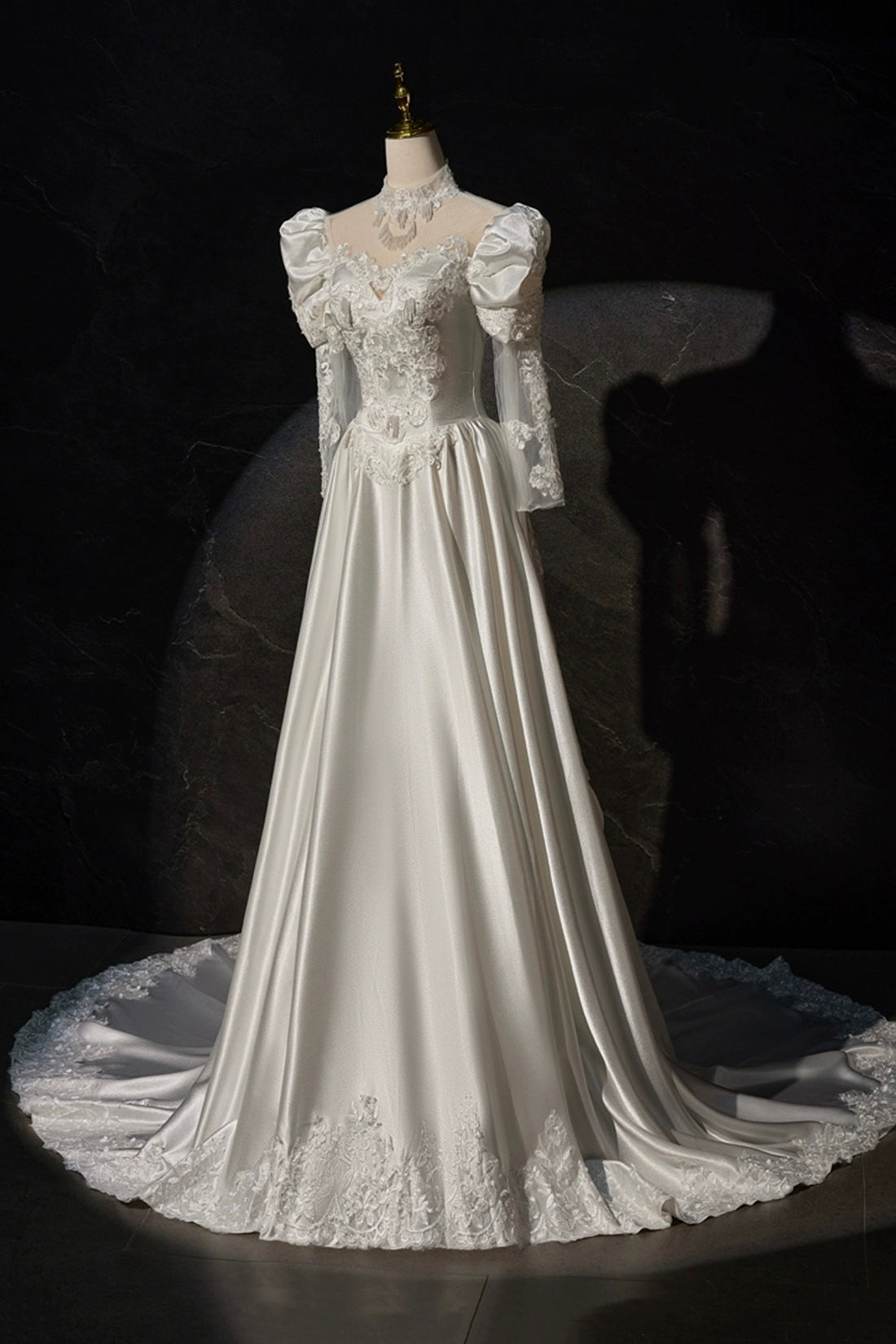 Elegant A-Line Satin Lace Long Sleeve Evening Dress for Women - Perfect for Weddings, Parties & Formal Events