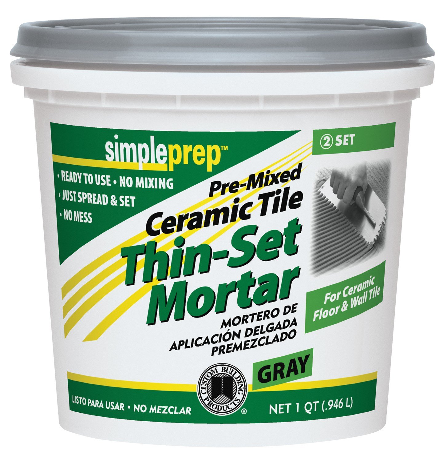 Simple Set CTTSGQT 1 Qt Gray Pre-Mixed Ceramic Tile Thin Set Mortar - Easy DIY Tile Adhesive for Bathroom, Kitchen & Flooring Projects
