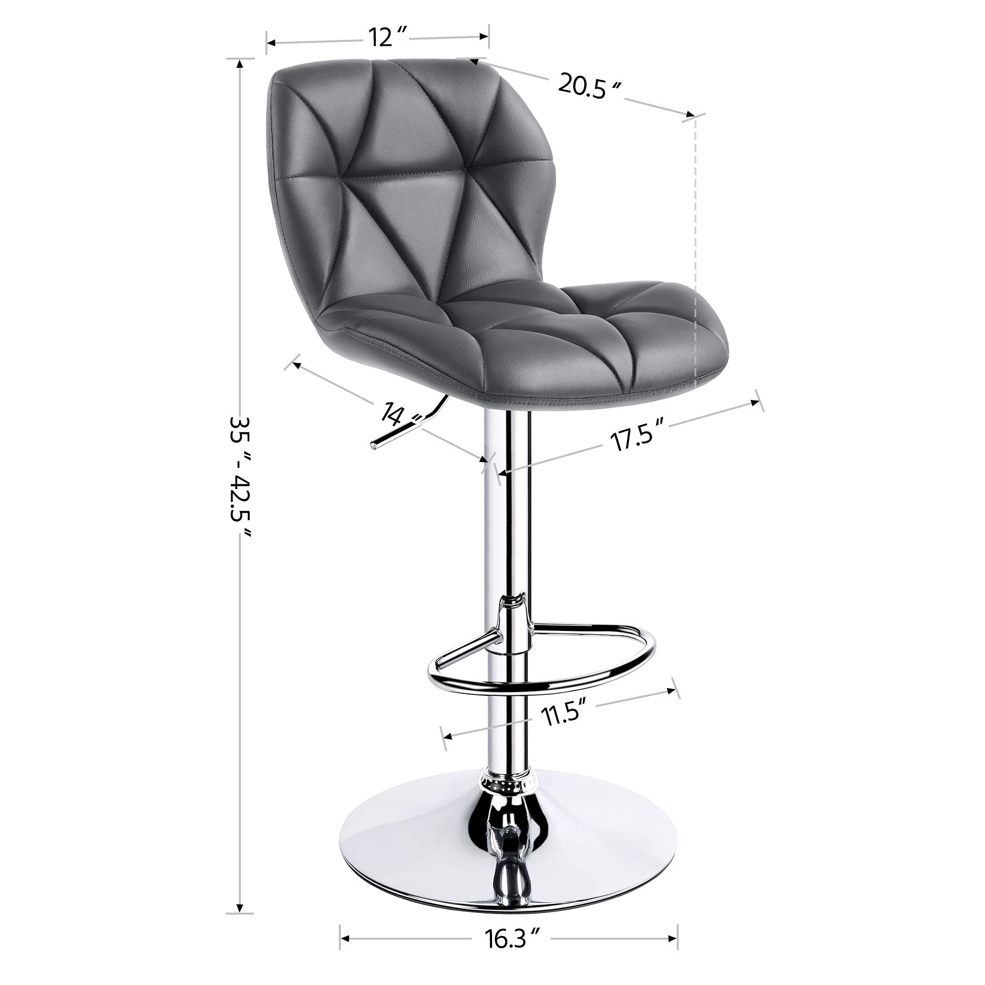 Topeakmart 2-Piece PU Leather Bar Stools Set - 360° Swivel Counter Height Bar Chairs with Backrest, Grey - Perfect for Home Kitchen, Breakfast Nook, and Entertainment Areas