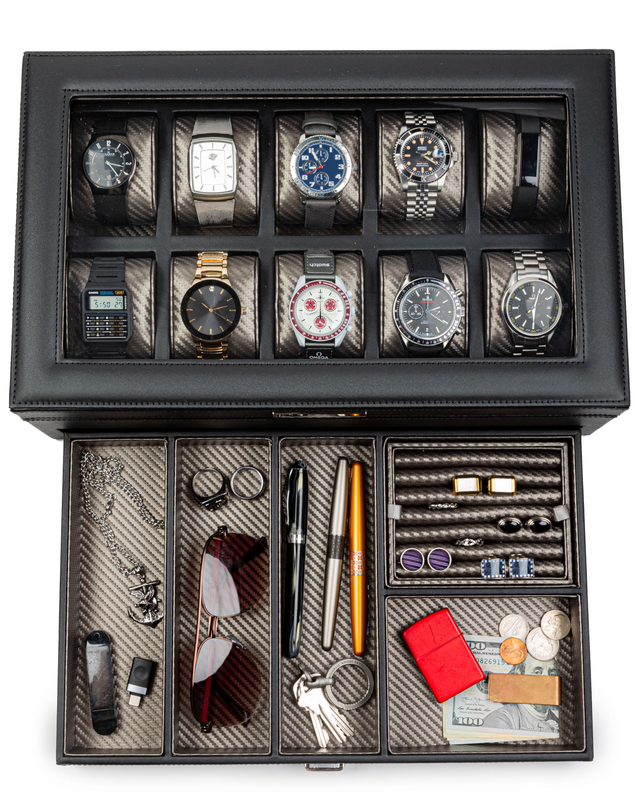 HOUNDSBAY Luxury Yacht Watch Box Organizer - Wooden Jewelry Storage Case with Glass Lid, Drawer & Ring Tray | Premium EDC Display Case for Men's Watches, Rings & Accessories | Perfect Gift for Sailors, Yachtsmen & Watch Collectors | Home Decor & Travel Storage Solution