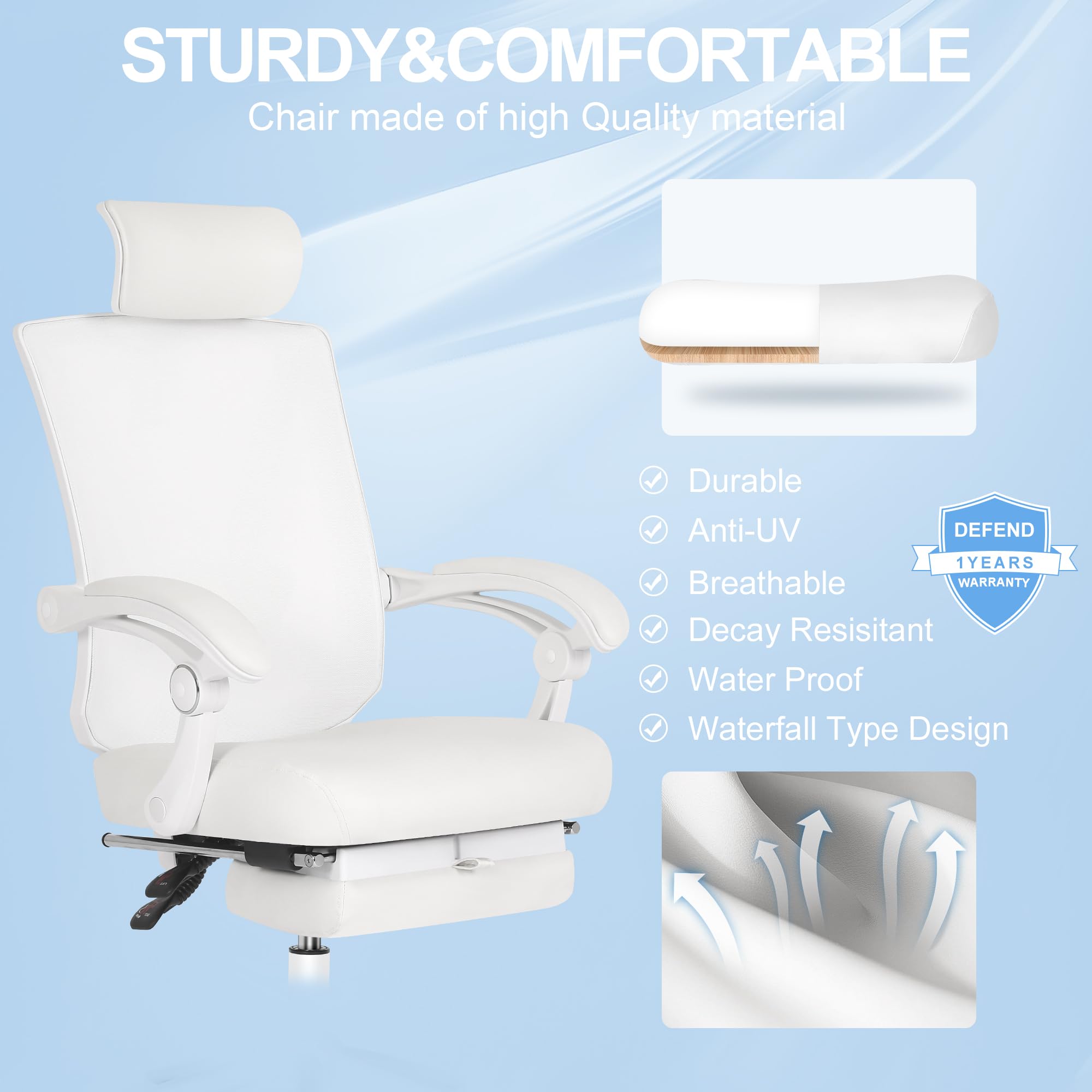 Ergonomic Office Chair with Footrest & Adjustable Lumbar Support - High Back Computer Chair with Headrest - White Leather Desk Chair for Home & Office Workspaces - Perfect for Long Hours of Sitting, Gaming & Remote Work