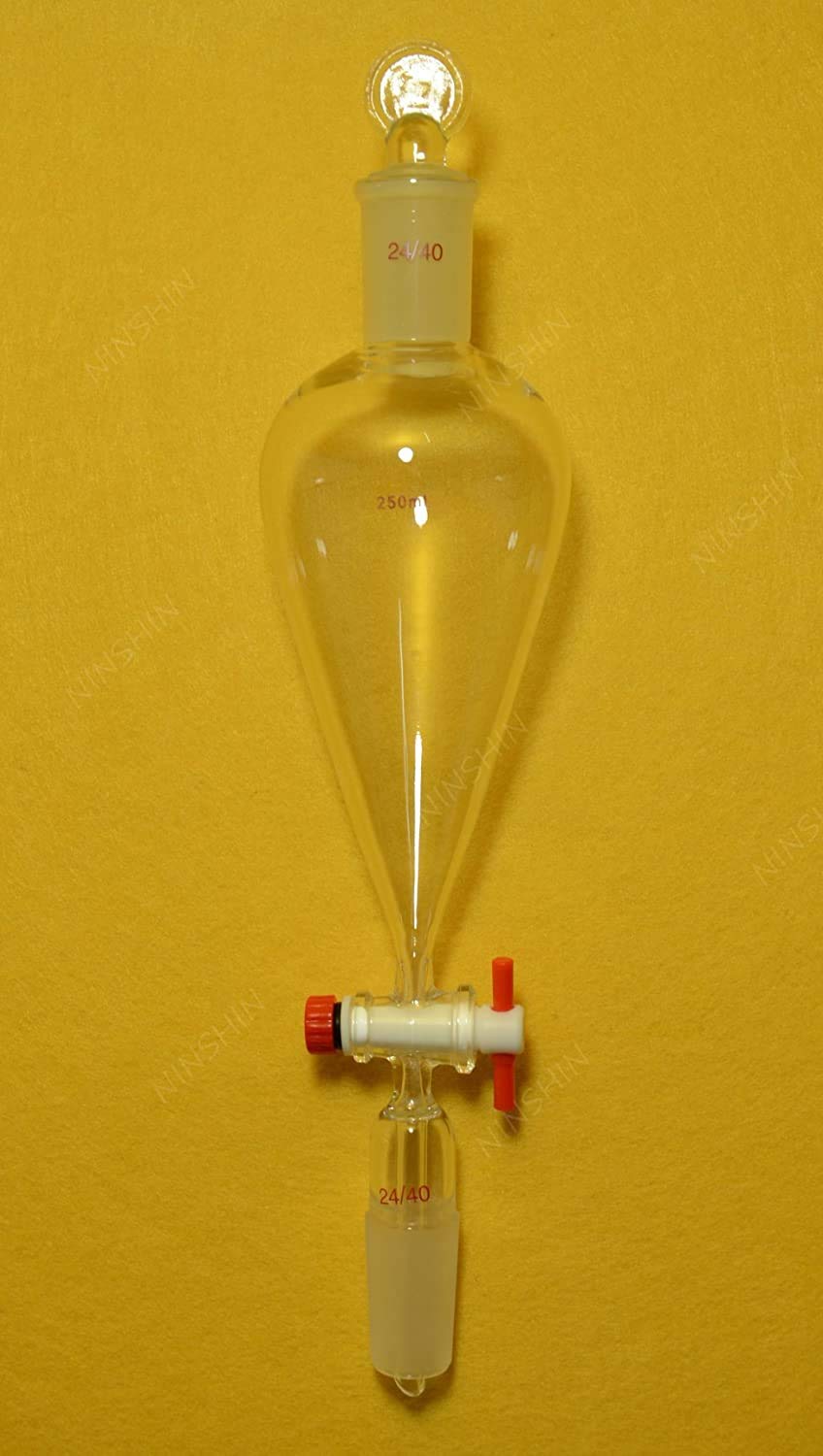 24/40 250ml Lab Glass Pear-Shaped Separatory Funnel with PTFE Stopcock - Ideal for Chemical Extraction, Liquid Separation & Laboratory Experiments
