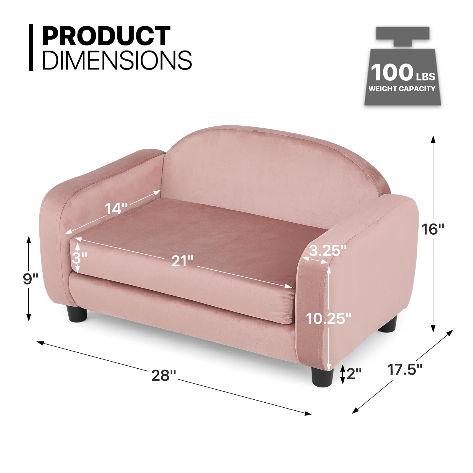 Premium Velvet Pet Sofa Bed for Small Dogs & Cats - Washable Removable Cushion, Luxurious Pink Pet Couch - Perfect for Living Room, Bedroom & Pet Nursery Decor