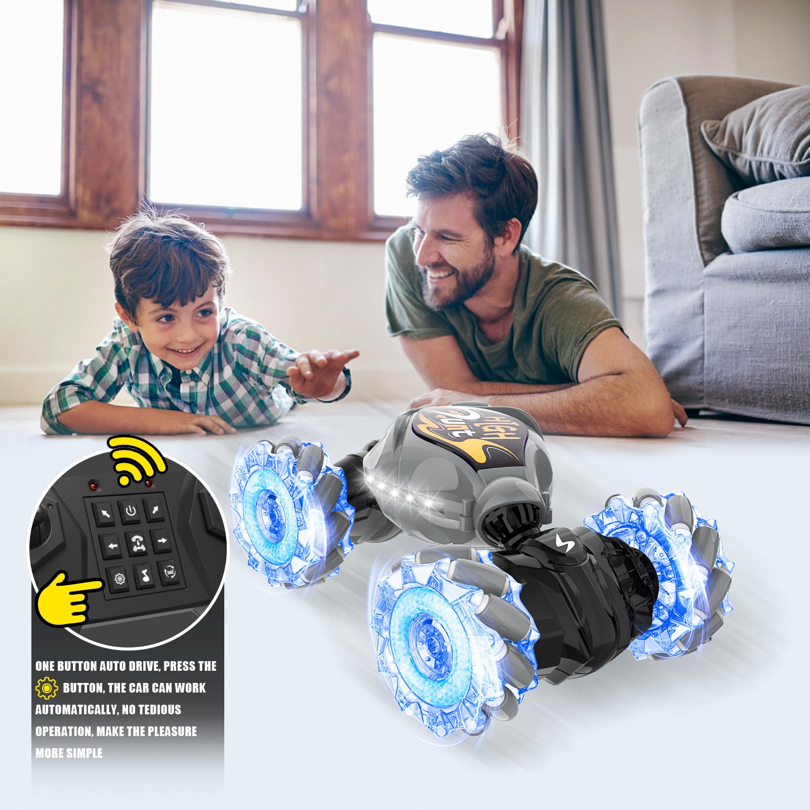 2.4GHz LED Gesture Sensing Remote Control Stunt Car - 4WD Double Sided Rotation RC Car with Lights & Music - All Terrain Drift Car for Boys & Girls - Perfect Birthday Gift & Outdoor Play Toy (Gray)