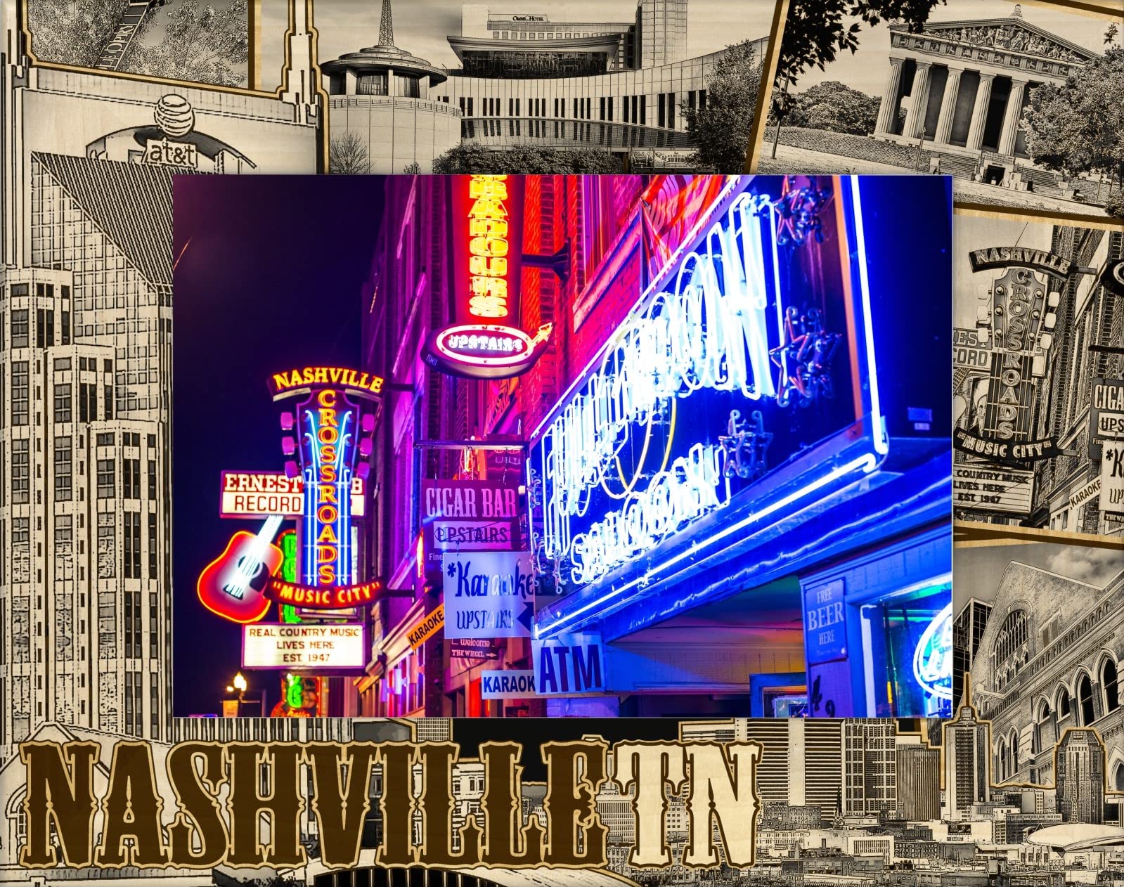 Laser Engraved Wood Picture Frame - Nashville Tennessee Landscape Souvenir - 5x7 Inch - Perfect for Home Decor, Office Display & Gift Giving