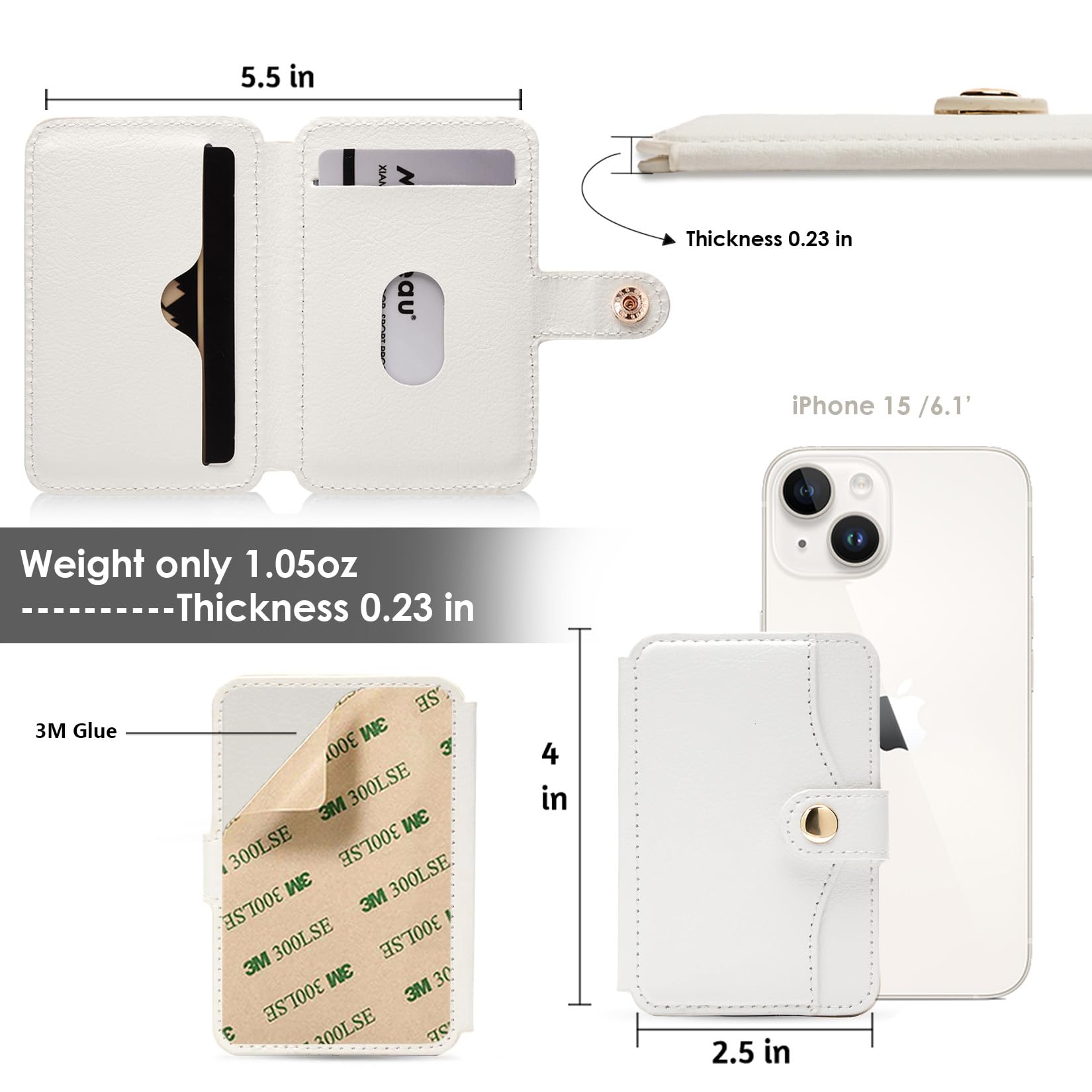 M-Plateau Stick On Phone Wallet - Slim Leather Card Holder with Snap Closure for Most Smartphones (White) | Perfect for Contactless Payments, ID Storage & Everyday Essentials While On-The-Go