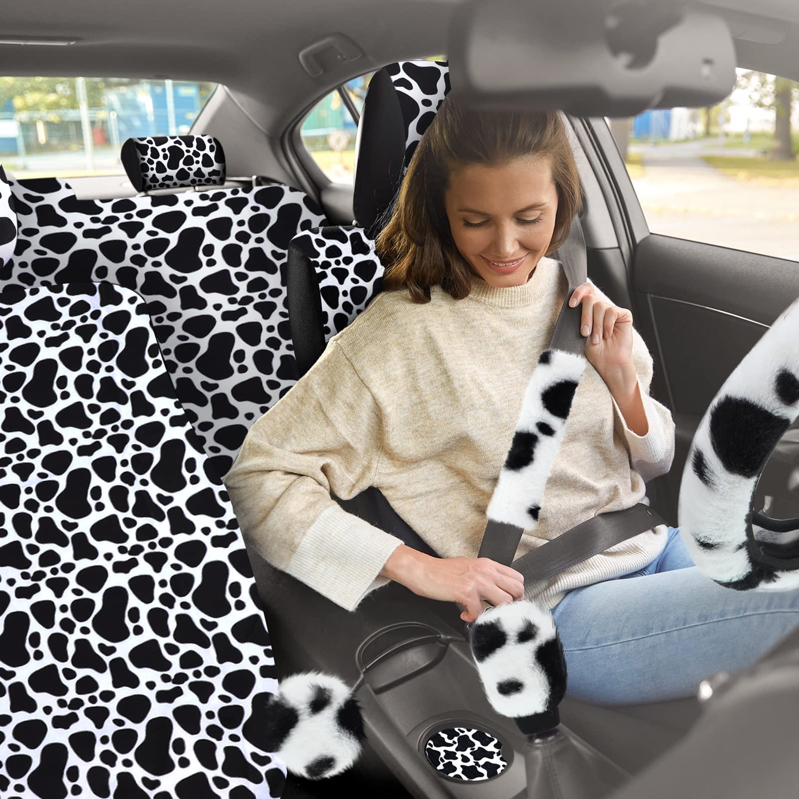 26PCS Cow Print Car Seat Covers Set - Soft Fluffy Steering Wheel Cover & Accessories for Women's Car Interior - Perfect for Winter & Christmas Gifts