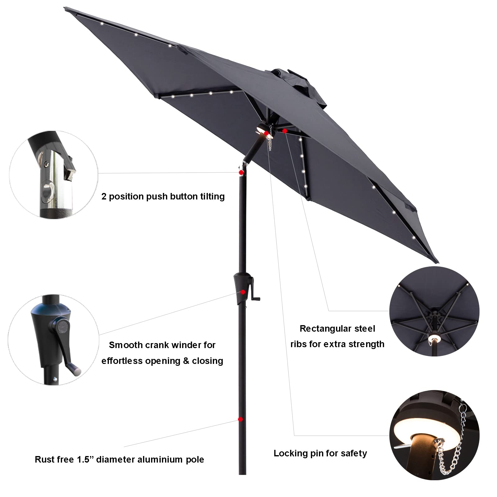 C-Hopetree 7.5 ft Solar LED Patio Umbrella with Tilt Function - Waterproof Outdoor Market Umbrella for Garden, Poolside, and Backyard Relaxation