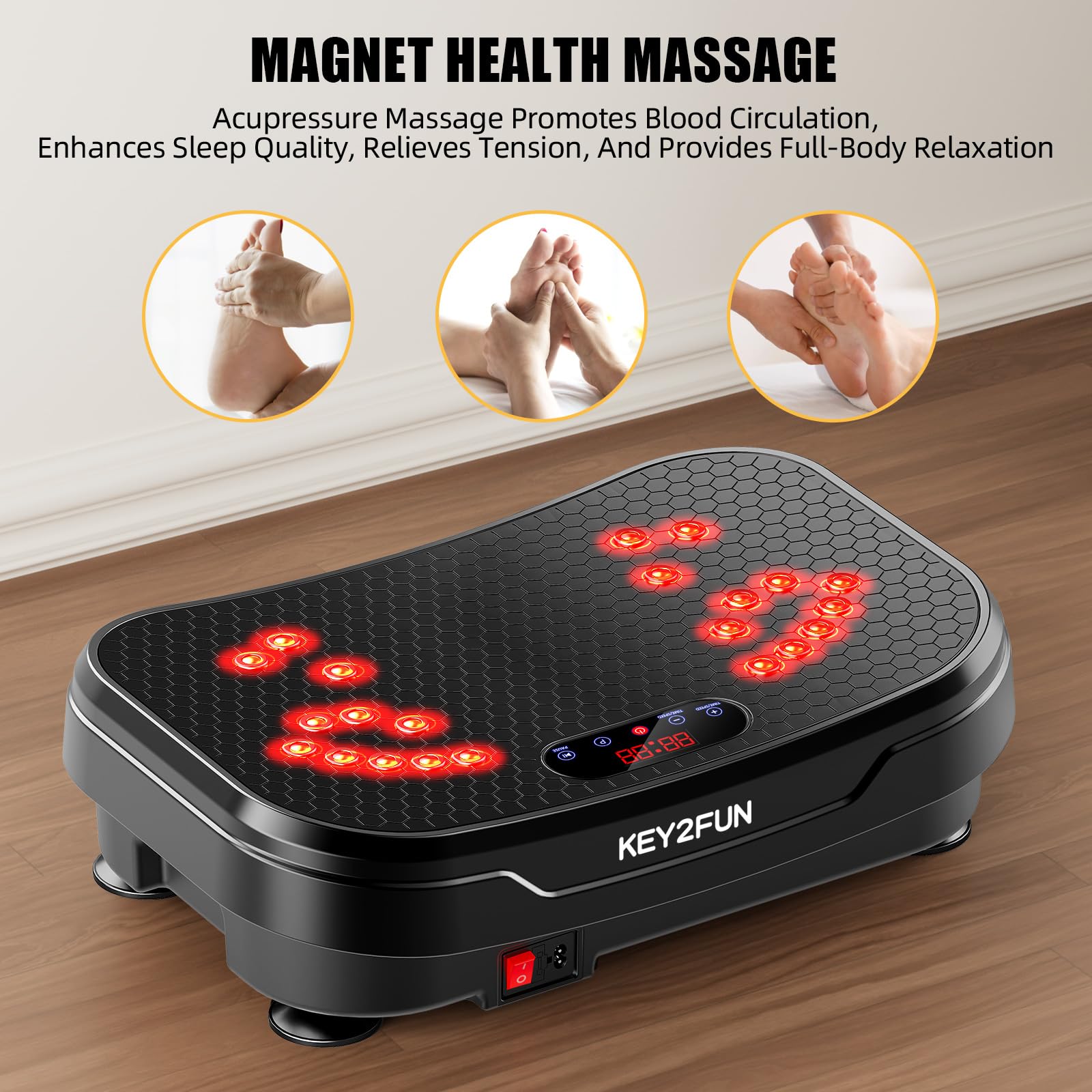 KEY2FUN 2025 Upgraded Vibration Plate Exercise Machine - Large-Size Vibrating Platform with Resistance Bands for Lymphatic Drainage & Home Fitness (330LBS Capacity) | Perfect for Weight Loss, Muscle Toning & Circulation Improvement