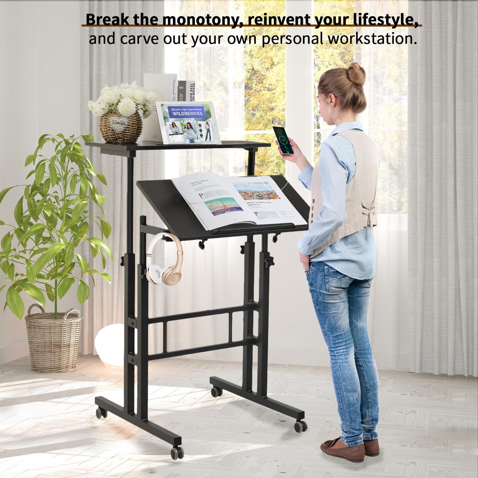 Hadulcet Adjustable Mobile Standing Desk with USB Charging Station - Rolling Laptop Cart with Wheels for Home Office, Classroom & Workspace - Ergonomic Height Adjustable Computer Desk (Black) - Perfect for Remote Work, Online Classes & Small Spaces