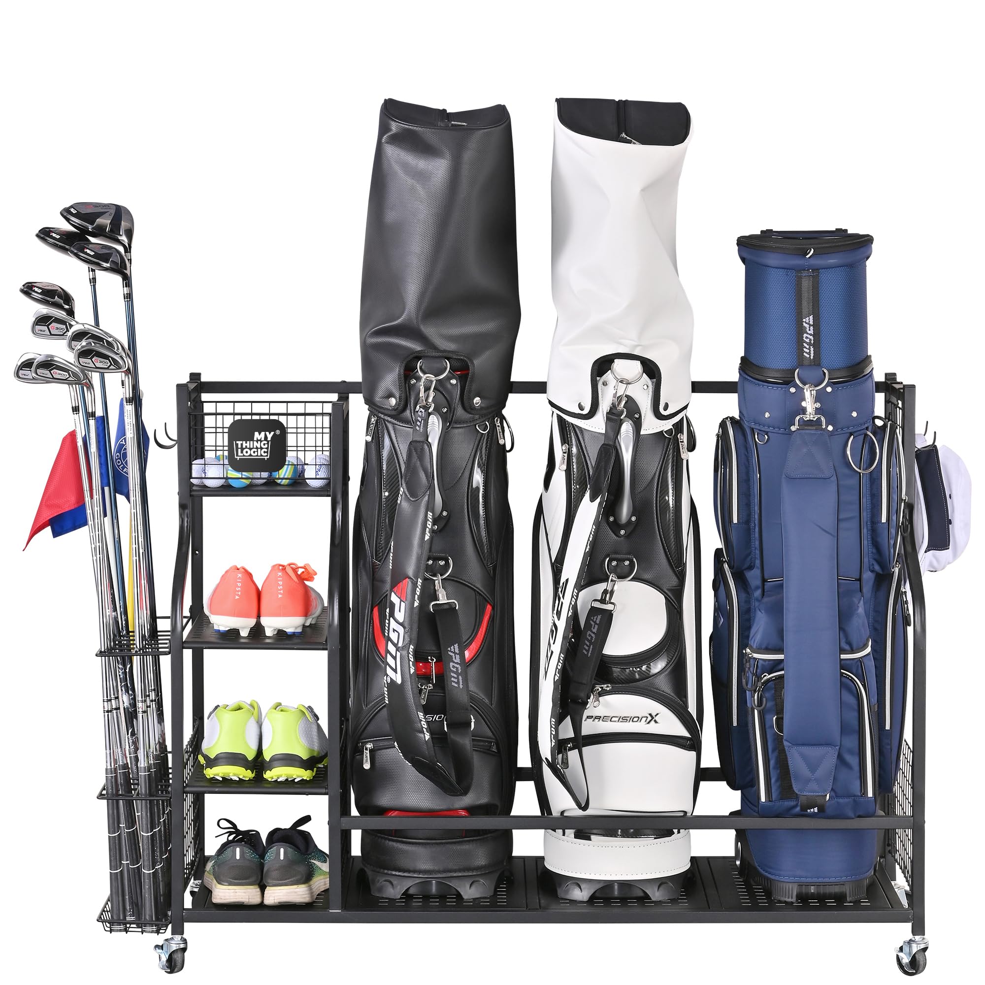 Mythinglogic Golf Storage Garage Organizer - Golf Bag Stand & Equipment Rack for Clubs, Balls & Accessories | Perfect for Home, Garage & Golf Course Storage Organization