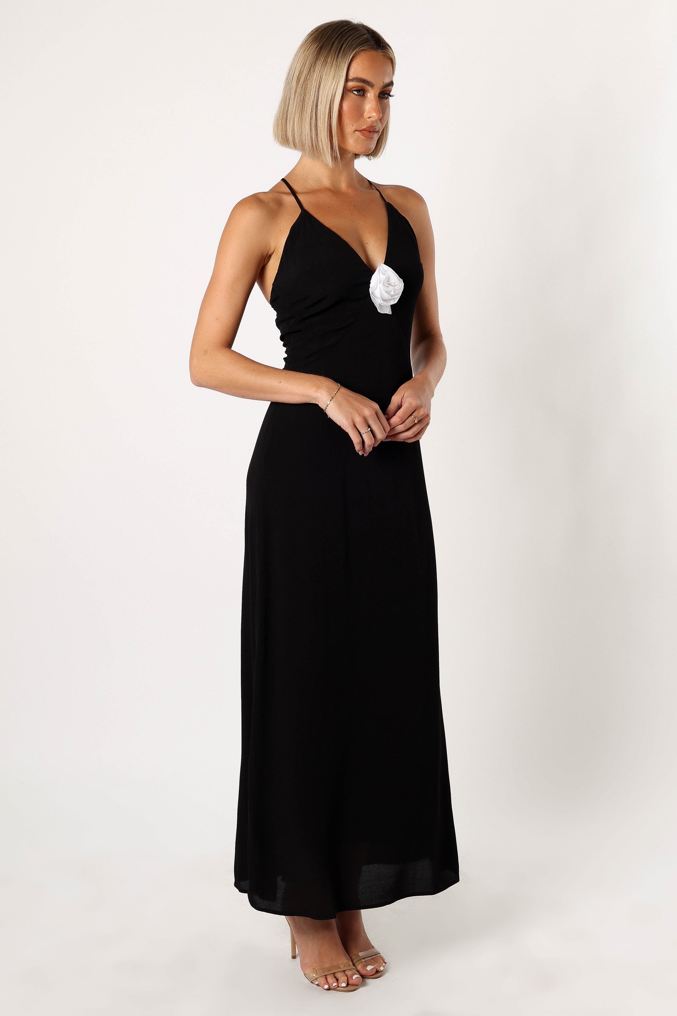 Florence Rosette Trim Maxi Dress - Elegant Black Floral Lace Evening Gown for Women | Perfect for Weddings, Parties & Special Occasions