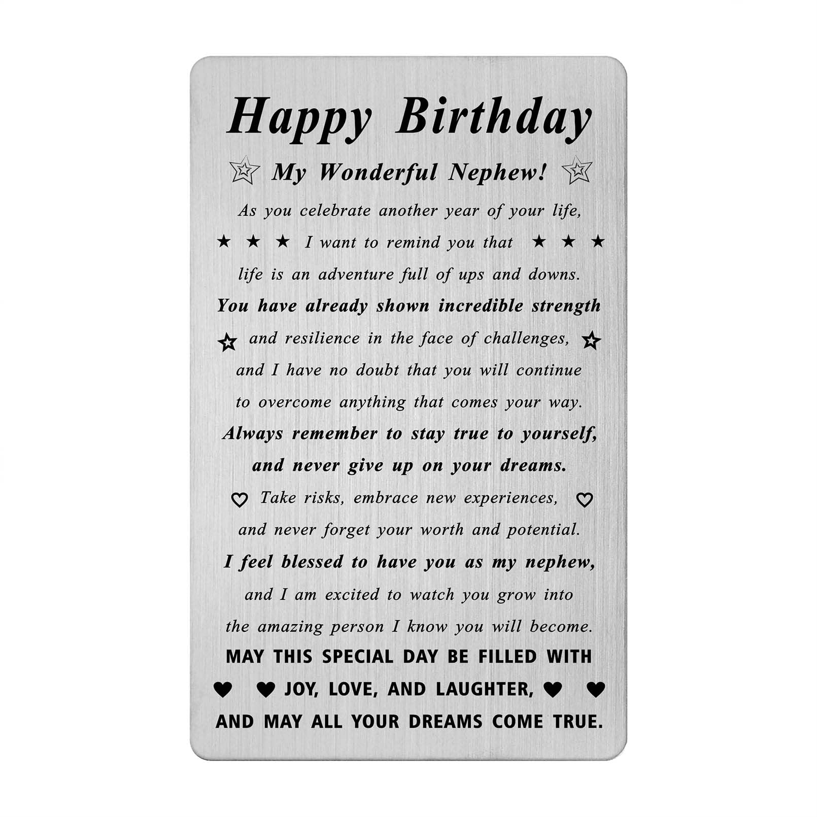 Personalized Metal Engraved Birthday Card for Nephew - Unique Nephew Birthday Gift Ideas - Perfect for Birthday Celebrations & Special Occasions