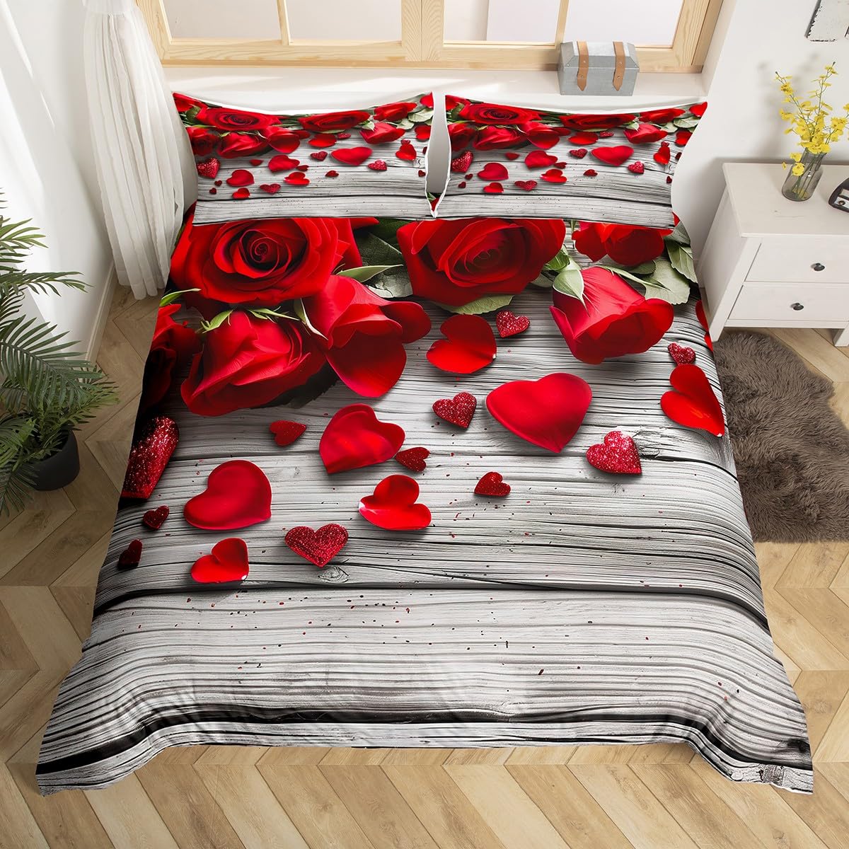 Red Rose Duvet Cover Set - 3D Floral Print Twin Size Bedding with Soft Microfiber - Modern Rose Flower Quilt Cover for Valentine's Day Gift - Perfect for Bedroom Decor, Wedding Gift & Romantic Home Decor