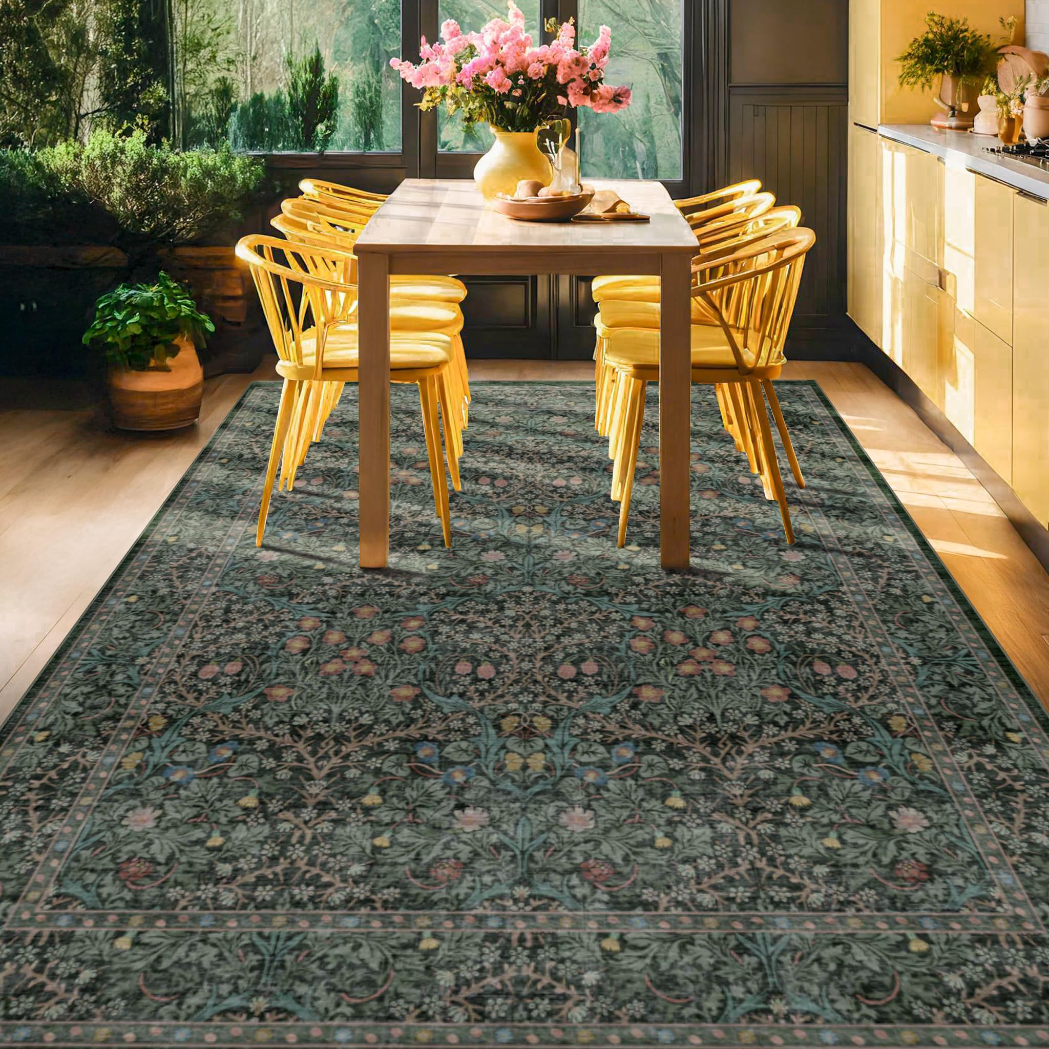 Vintage Dark Green 8x10 Washable Area Rug - Non-Slip Low Pile Oriental Rug for Living Room, Bedroom, Dining Room & Kitchen | Stain Resistant & Easy to Clean | Perfect Under Table, Sofa or Bed (Dark Green)