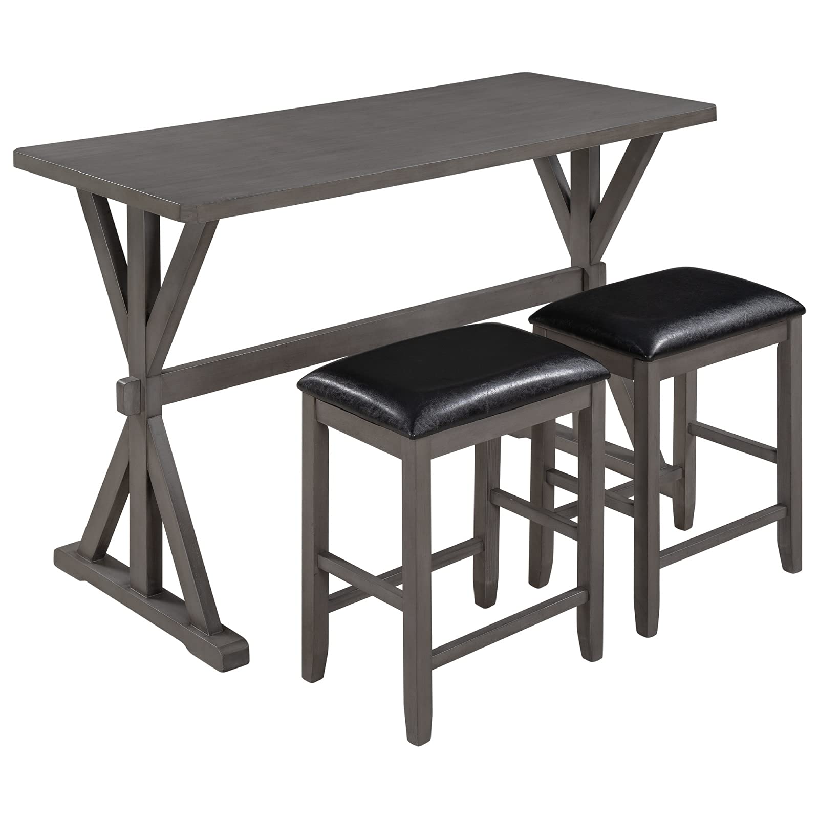 KepooMan 3-Piece Counter Height Wood Dining Table Set with 2 Padded Stools - Gray Finish & Black Cushion for Kitchen, Breakfast Nook, Small Space Dining | Modern & Space-Saving Furniture