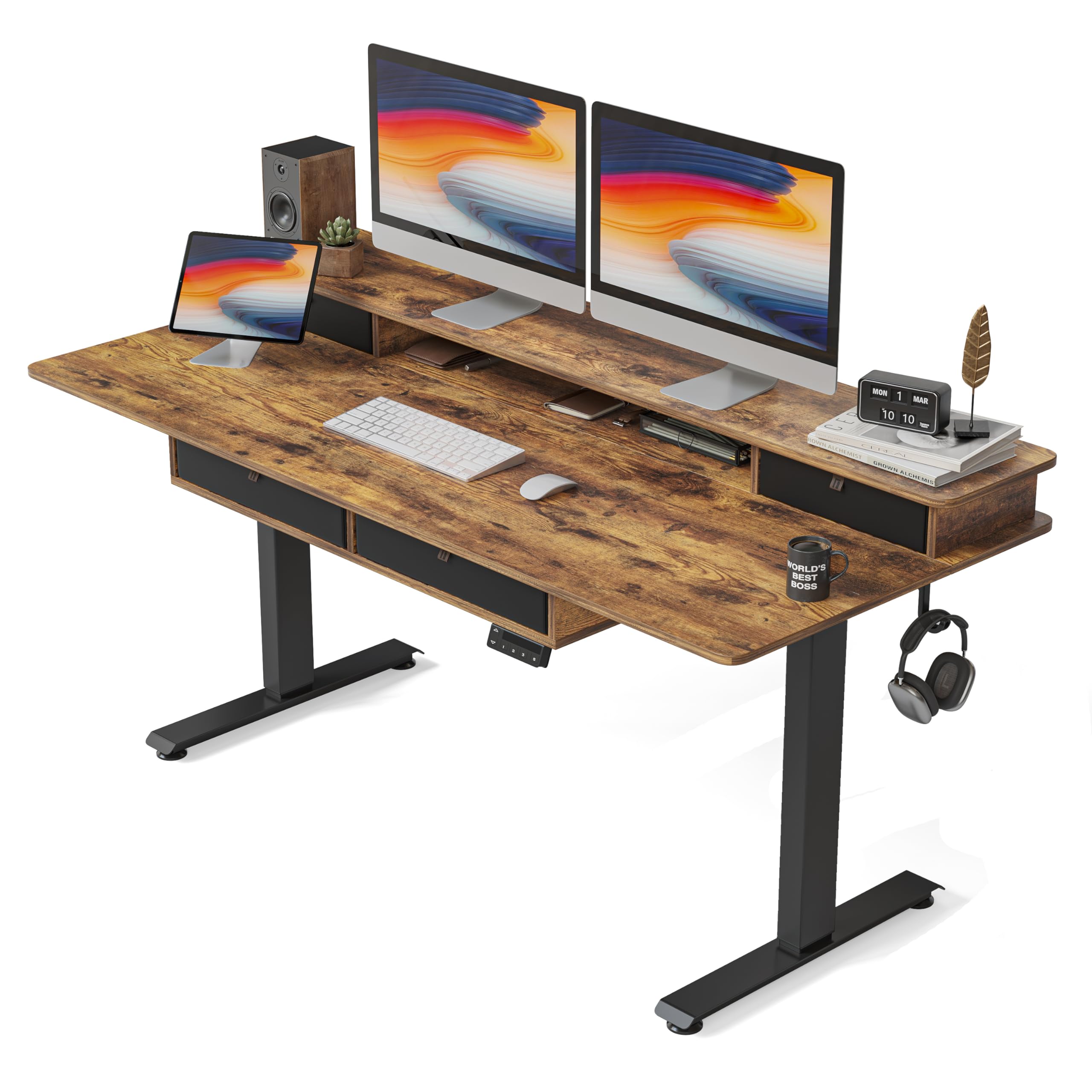 FEZIBO 63 Inch Electric Height Adjustable Standing Desk with 4 Drawers & Storage Shelf, 63