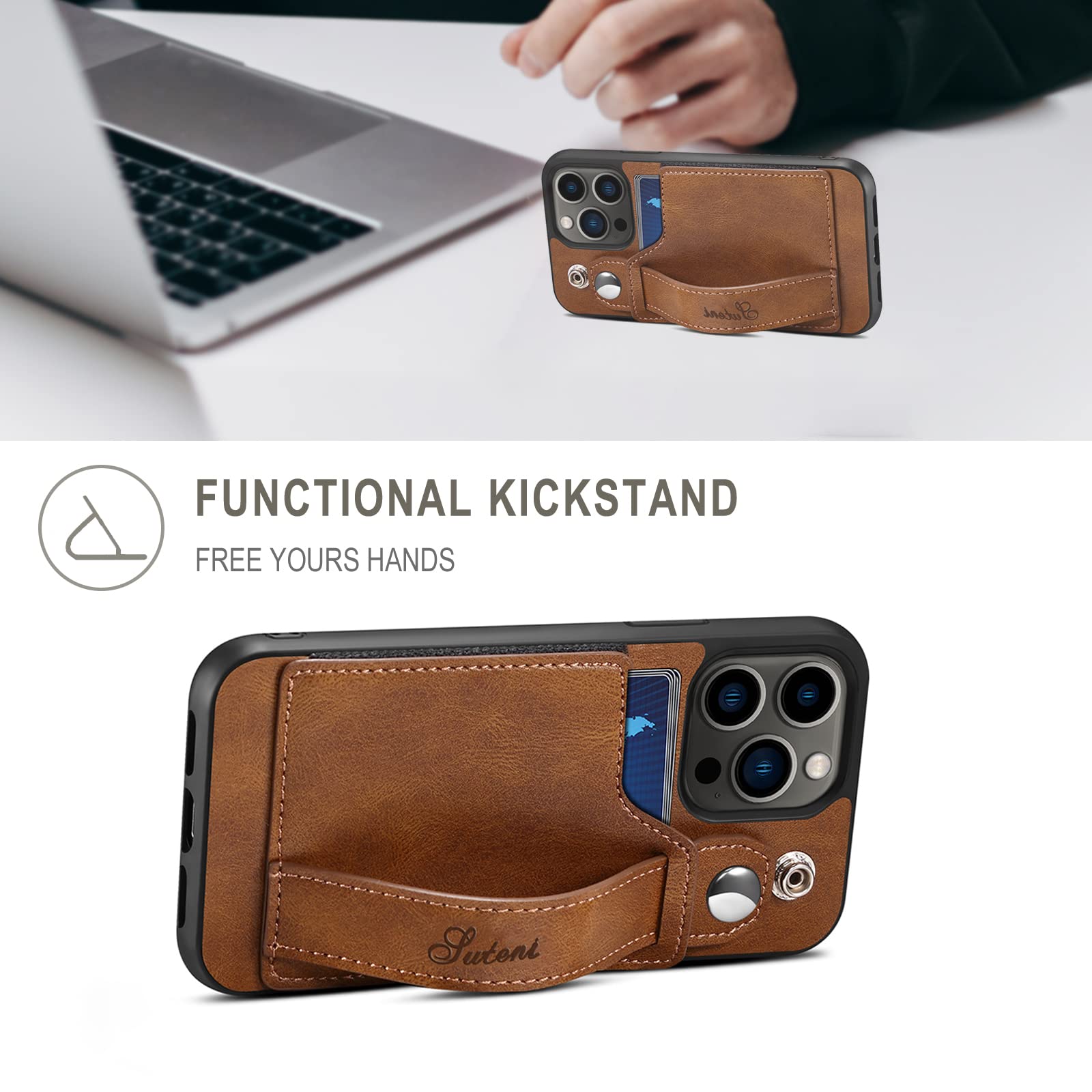 Premium PU Leather Wallet Case for iPhone 13 Pro (6.1 inch 2021) - Magnetic Clasp, Elastic Card Slots, Kickstand & Hand Strap | Protective Cover in Brown | Perfect for Daily Use, Travel & Business Meetings