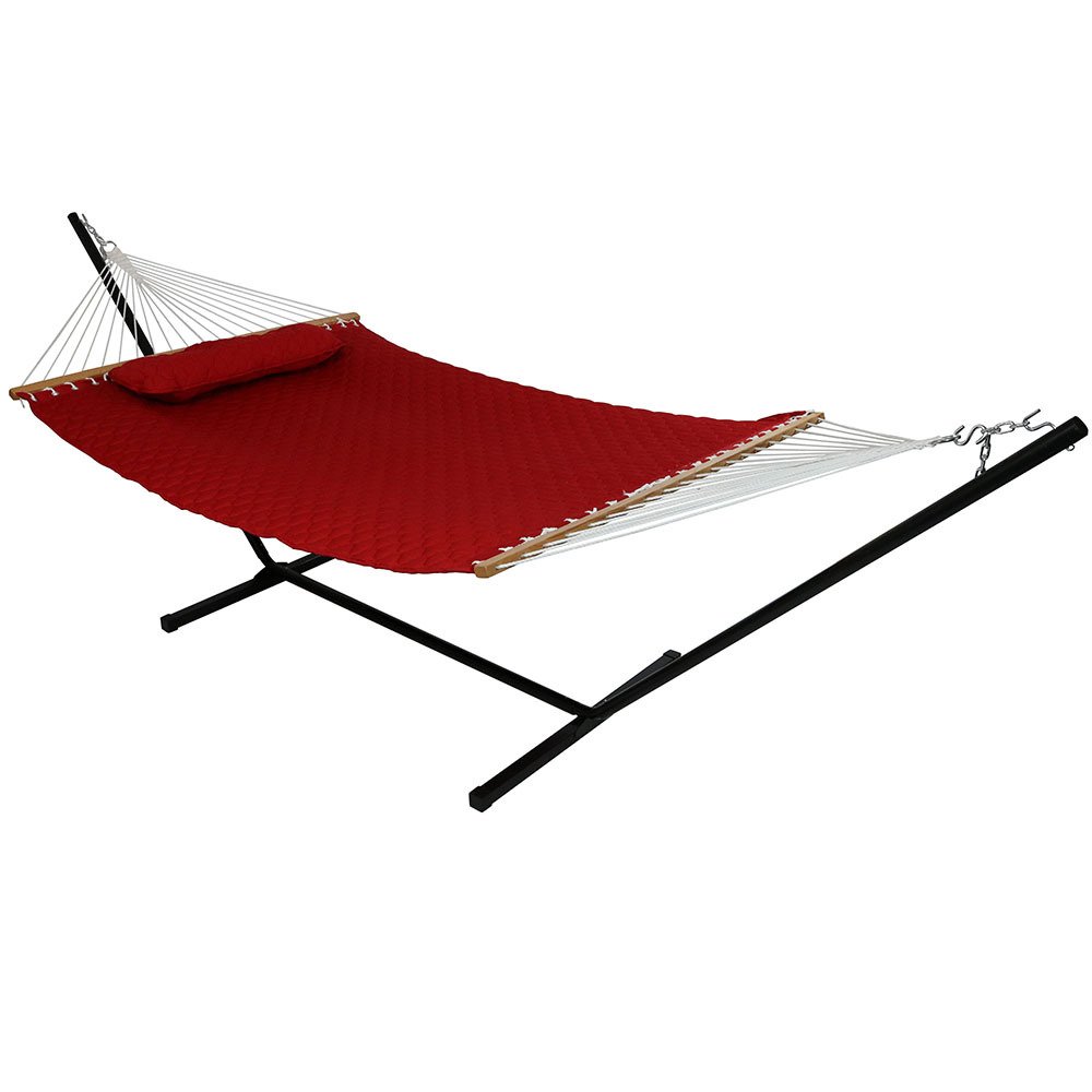 Sunnydaze Quilted Fabric Double Hammock with 12-Foot Steel Stand - 400 lb Weight Capacity - Black Frame & Red Fabric - Outdoor Patio, Backyard, Camping, Beach Relaxation
