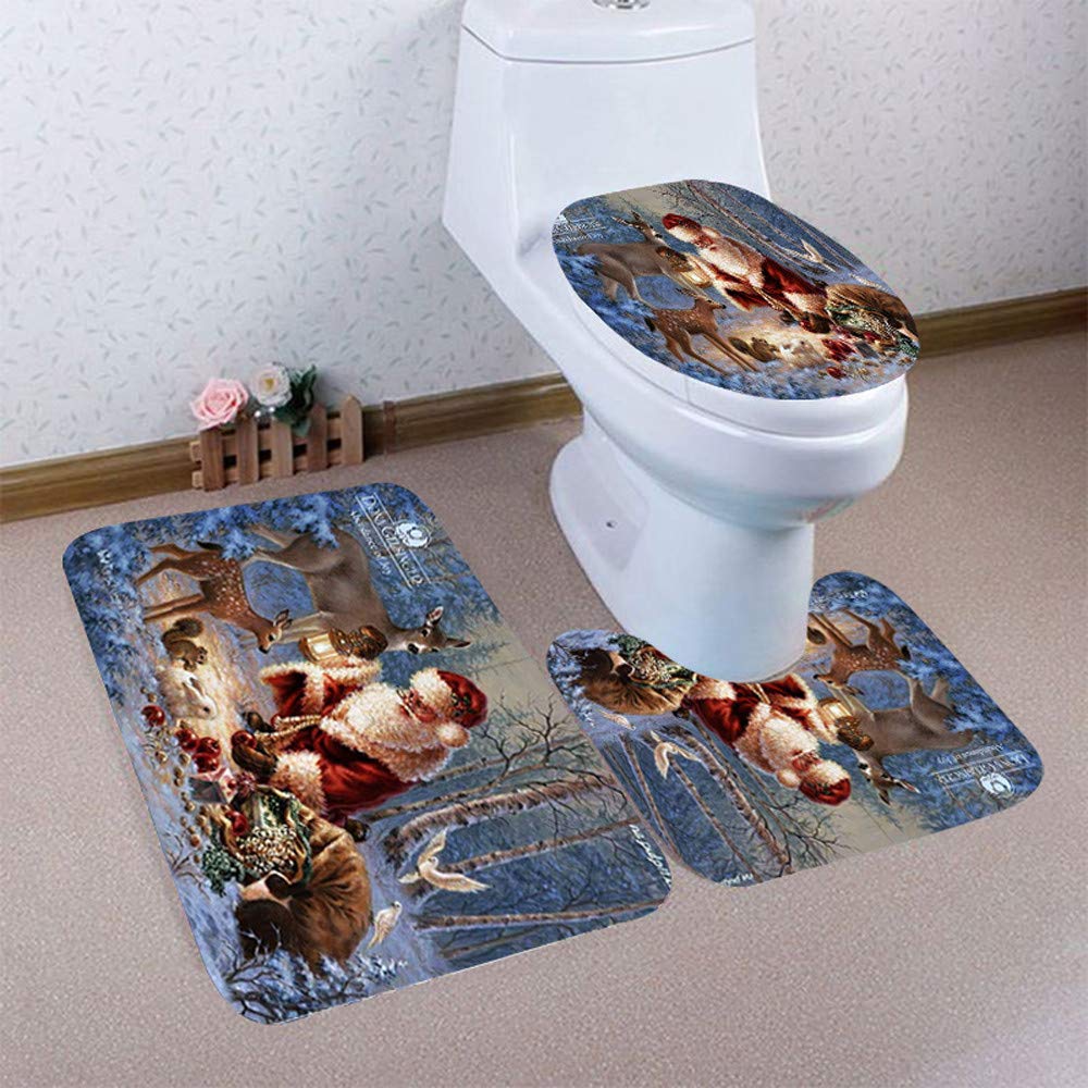 HHmei 3-Piece Christmas Bathroom Set - Non-Slip Floor Mat, Toilet Lid Cover & Shower Rug | Holiday Decor for Bathroom Safety & Cozy Winter Home (Red/Green)
