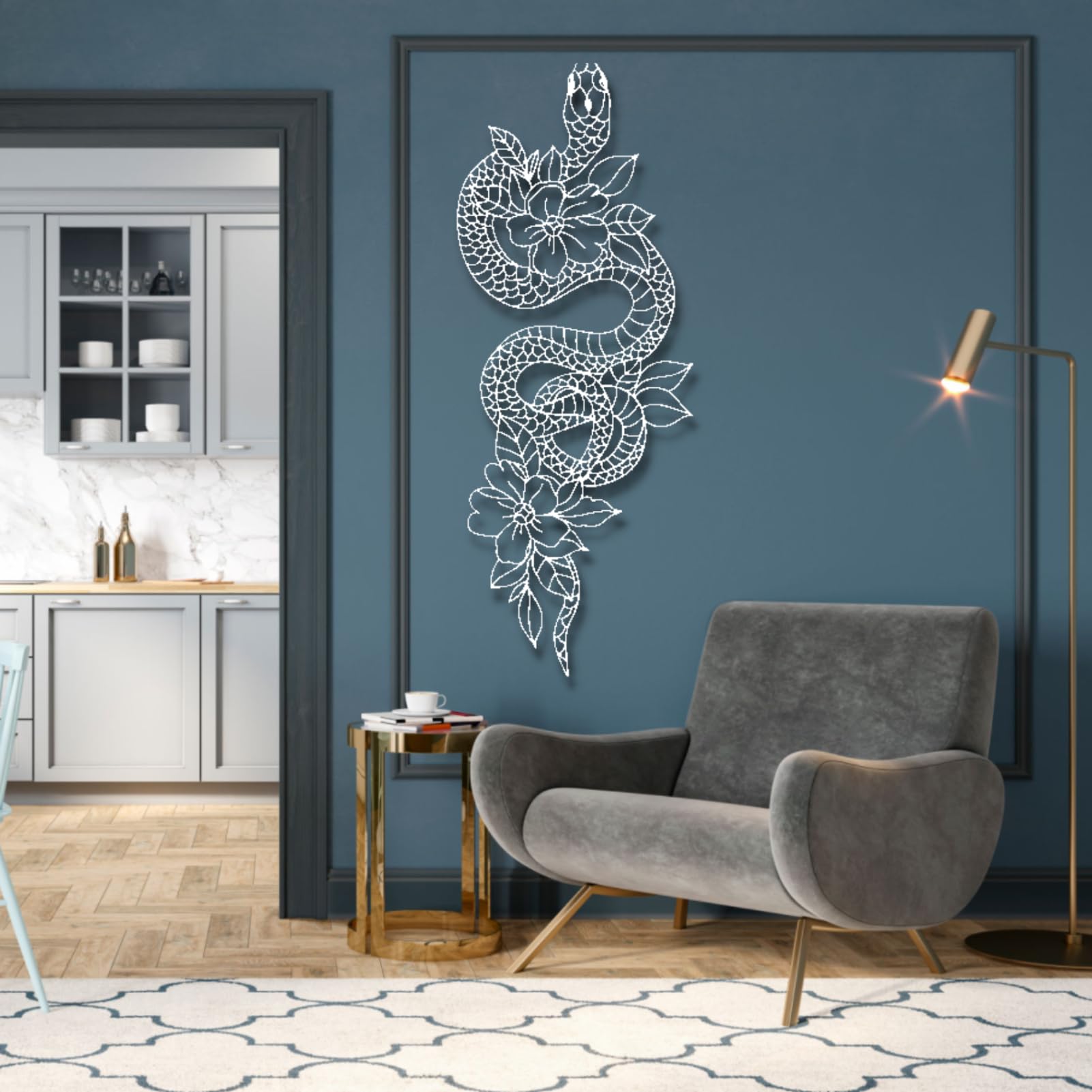Fayholy Metal Wall Art Decor - Minimalist Boho Flower Snake Wall Hanging for Living Room, Bedroom, Above Bed - Modern Home Decor Gift for Housewarming (White, 27.5”x10.2”/70x26cm) - Perfect for Bohemian Style Interiors & Contemporary Wall Design