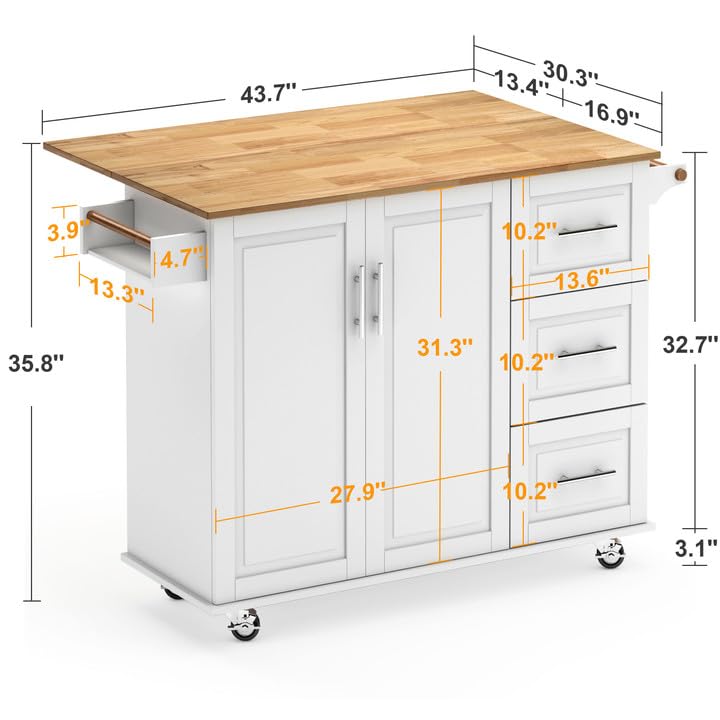 Soges Mobile Kitchen Island with Storage & Drop Leaf - Rolling Kitchen Cart with 3 Drawers, Large Cabinets & Adjustable Shelves - White - Perfect for Small Kitchens, Apartments & Food Prep Stations