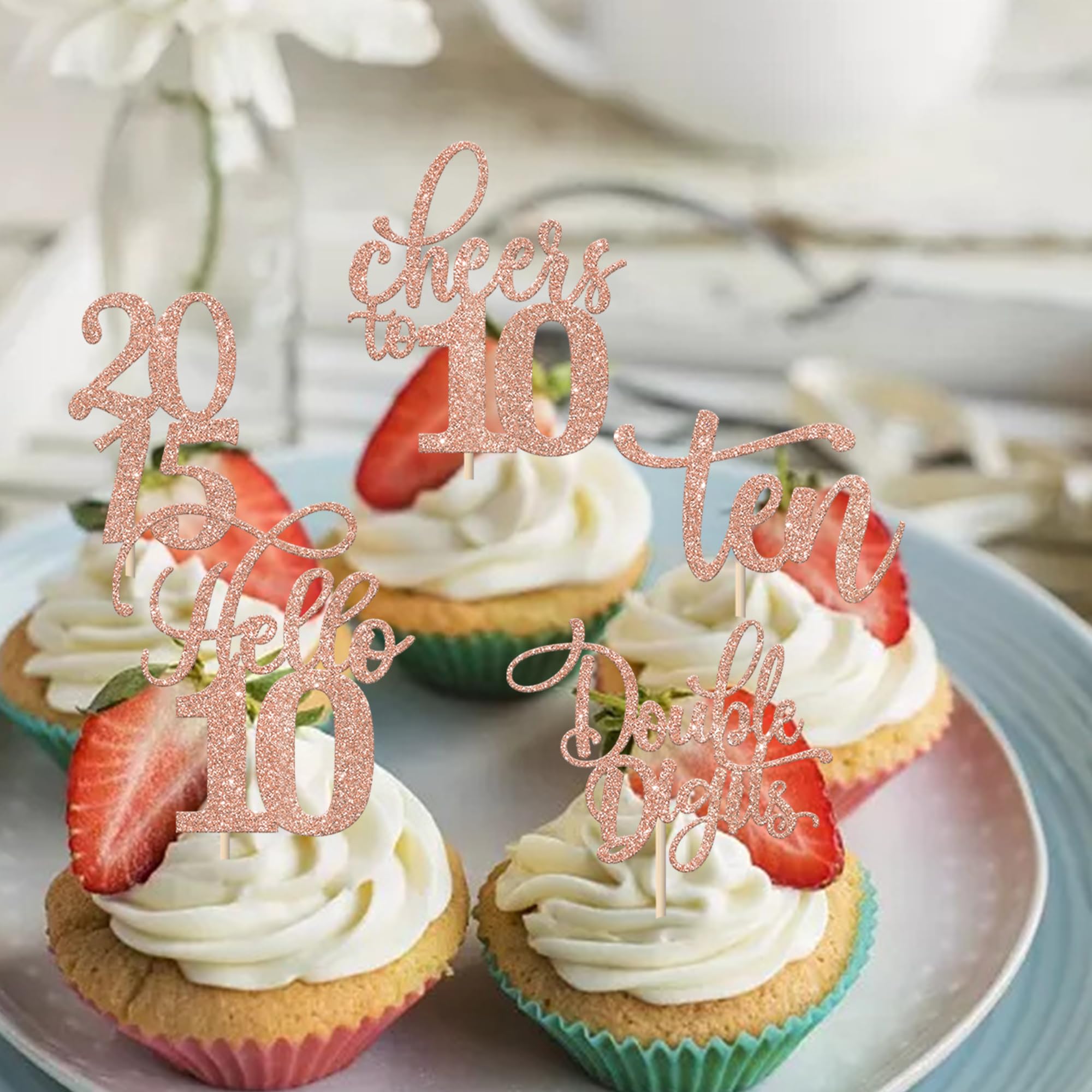 Rsstarxi 30 Pack 10th Birthday Cupcake Toppers - Glitter Double Digits Since 2015, Hello 10, Ten Cheers to 10 Years - Rose Gold Cake Decorations for Birthday Parties, Anniversary Celebrations & Special Events